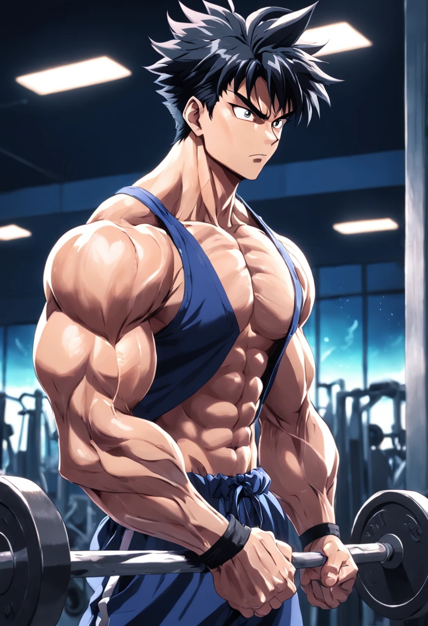 Ash Ketchum from Pokémon sitting on a weight bench in a private gym with shoulders slumped lifting dumbbells. Sweating. Wearing a bulging jockstrap. Staring blankly as he listens to hypnotic subliminals through stereo speakers. Monitors mounted on the walls around him display pulsing spirals to keep him in trance as he becomes a big muscled dumb bodybuilder football jock. Saying, "A good jock bro is big and dumb. A good jock bro's what I'll become...." Open mouth. IQ drain. Dumber. Hypnosis. Trance. Brainwashing. Digital painting. Anime. Bulging crotch. Big muscles. Big traps. Big biceps. Big triceps. Broad shoulders. Big pecs. Bro. Hyper muscles. Dazed. Glowing eyes.