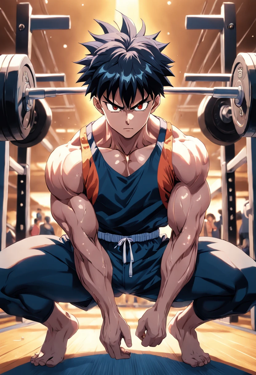 a detailed illustration by Toguro YuYu Hakusho, in gym clothes training intensely in a bodybuilding gym, corpo inteiro