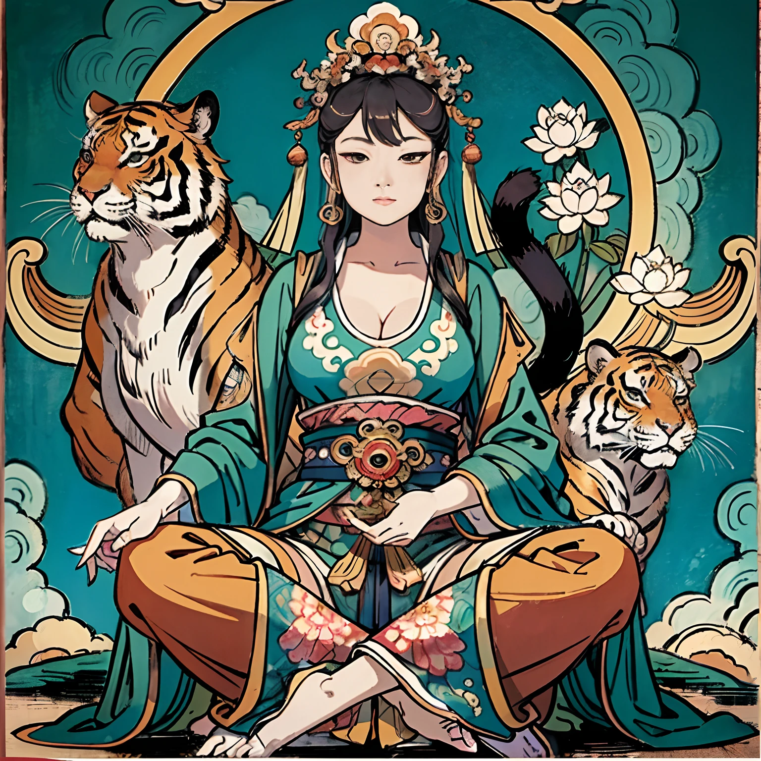 an ancient Chinese goddess, guanyin of the southern seas, Guanyin, Inspired by India, Avalokiteshvara rides a tiger,,Serene expression,shui mo hua,Buddha,Buddhist,Lotus,Chinese painting style,Thangka style