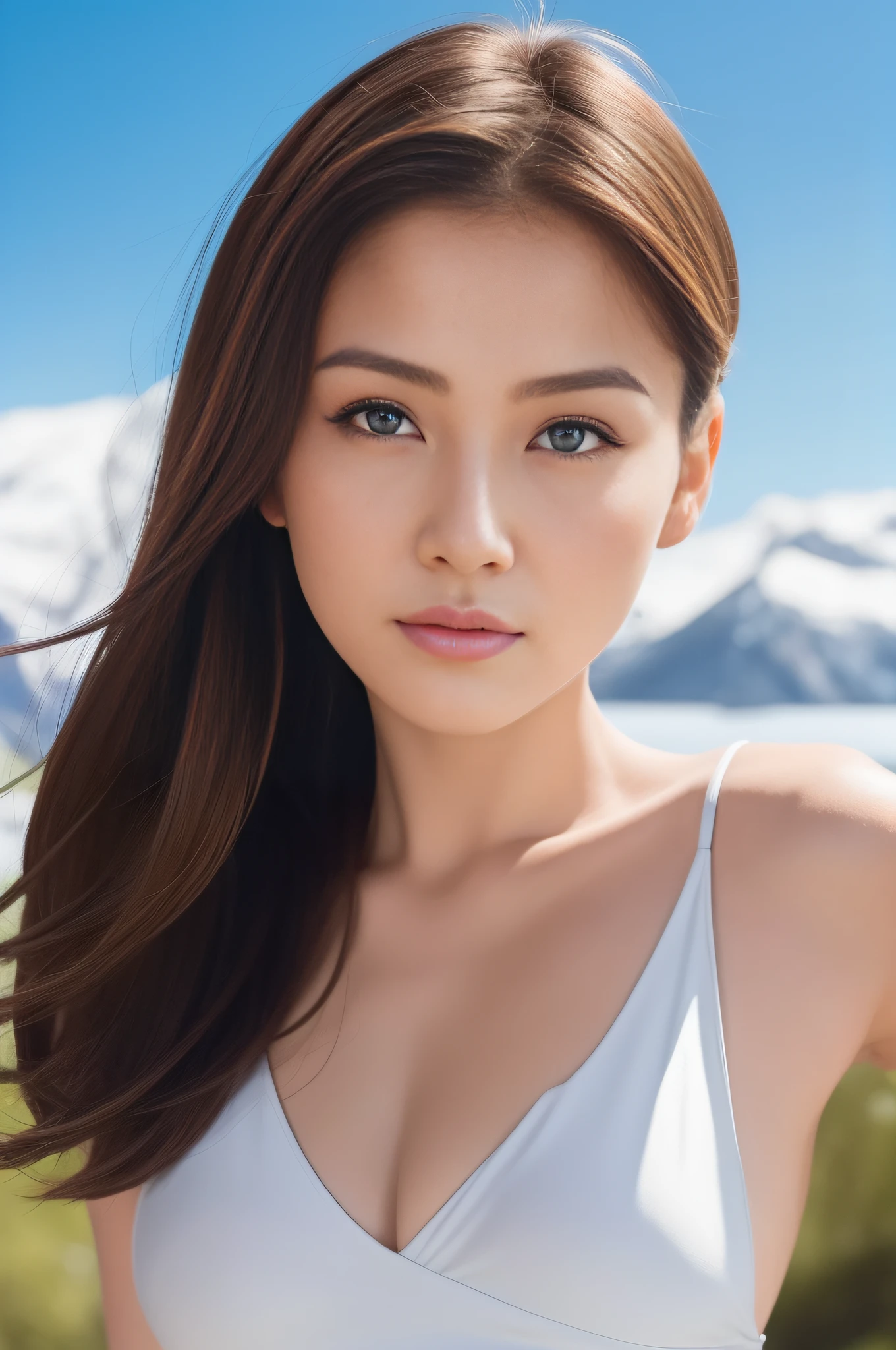 Best quality，tmasterpiece，1girll，red tinted hair，short detailed hair，Blue eyes，There is light in the eyes，shiny skins，sunflare，an award winning photograph, Wide-angle photo of the top of a snowy mountain, morningglow，Healthy body, closeup cleavage, with dynamism, Photorealistic, Realistic, Dramatic, Dark, Sharp focus, 8K，20yr old，fully body photo（top-quality，8K，tmasterpiece：1.3），Sharp focus：1.2，Beautiful Women in Perfect Figure：1.4，The abdomen is slender：1.2，（Layered Hair Style，：1.2），Large breasts 1.3，Blue-yellow one-piece swimsuit，（distance：1.2），Moist body：1.1，Very delicate face and skin texture，Detailed eyes，二重まぶた，Raised sexy，marron marron，Real skin，Real eyebrows，Blue eyeballs，perfect proportion of body，Top of a snowy mountain，Exercise posture，looking at viewert，Gaze towards the viewer