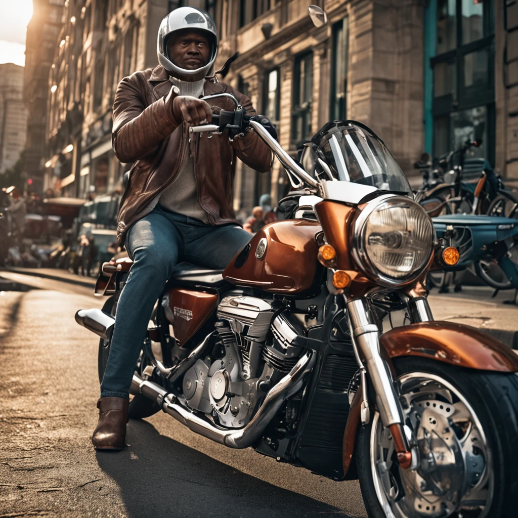 ultra high quality,photorealistic:1.4,(sharp focus),Fujifilm,50mm lens,F/2.8,HDR,8k resolution,cinematic film still,(Front light),((direct frontal lighting)),
A rugged gentleman, donning a weathered leather jacket and a worn-out helmet, races through the bustling city streets on his sleek motorcycle. The morning sun casts a warm golden glow on the horizon, as if applauding his daring commute. The cityscape unfurls before him, a symphony of towering skyscrapers and gleaming glass facades that reflect the vibrant energy of urban life. His motorcycle, a sleek marvel of engineering, roars with a restless spirit, echoing through the canyons of steel and concrete. As he weaves skillfully through the labyrinthine traffic, time seems to slow down, allowing him to relish each moment of this exhilarating journey. The wind dances with his tousled hair, carrying a medley of scents: the aromatic brews from coffee shops, the tantalizing aroma of freshly baked pastries, and the faint hint of exhaust fumes. Pedestrians pause for a moment, captivated by the sight of this fearless rider carving his path amidst the chaos. Neon signs flicker above, casting vibrant hues upon the streets below, adding an otherworldly aura to the scene. A blur of colors streaks past him, as he becomes one with the kinetic rhythm of the metropolis. The symphony of car horns, distant sirens, and animated chatter form an urban chorus, propelling him forward with a surge of adrenaline. With every twist of the throttle, he conquers the asphalt, embracing the freedom and excitement that pulses through his veins. In this fleeting moment, he is the embodiment of speed, power, and determination, a solitary figure defying the constraints of time and space.
Medium telephoto focal length,masterpiece,analogue RAW DSLR,best quality,absurdres,(vibrant colors),intricate detail,sophisticated detail,(realistic lighting, sharp focus),ultra high res,RAW photo,8k uhd,film grain,MenErotic02,Oouguancong,