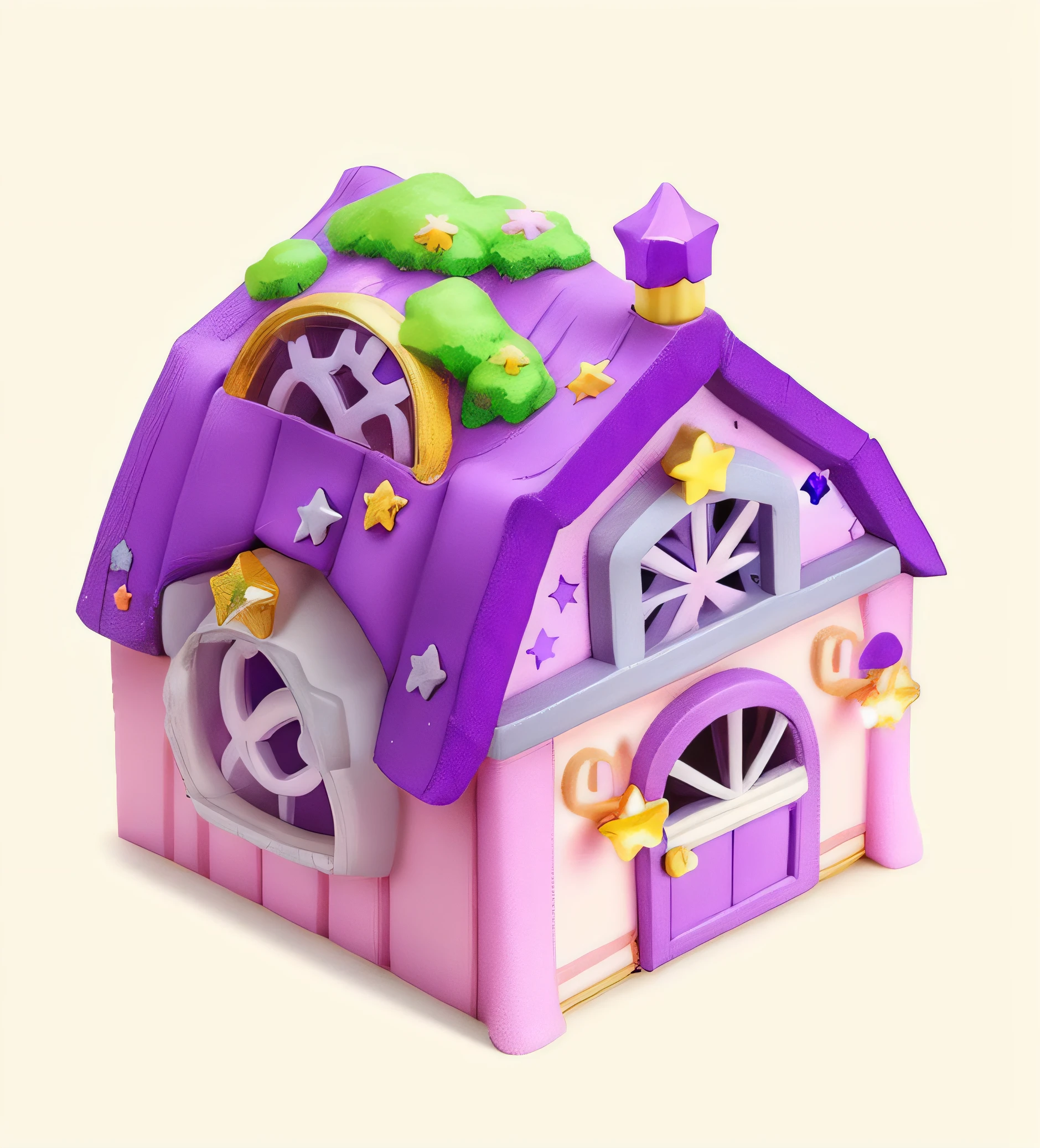 Purple and pink house,There are stars and moons on it, in a candy land style house, Isometric 3d fantasy cute house, star hatcheries, doll house, fairy palace, my home, fantasy house, star roof, Witch's cottage, rounded house and cute character, flowery cottage, designed for cozy aesthetics!, little cottage, inside a magical item shop