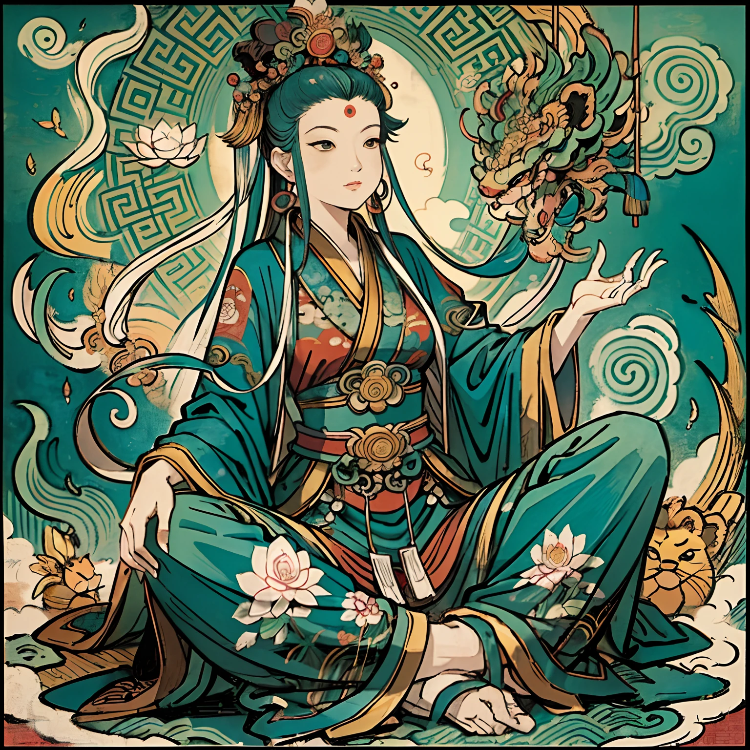 an ancient Chinese goddess, guanyin of the southern seas, Guanyin, Inspired by India, Avalokiteshvara rides a lion,,Serene expression,shui mo hua,Buddha,Buddhist,Lotus,Chinese painting style,Thangka style