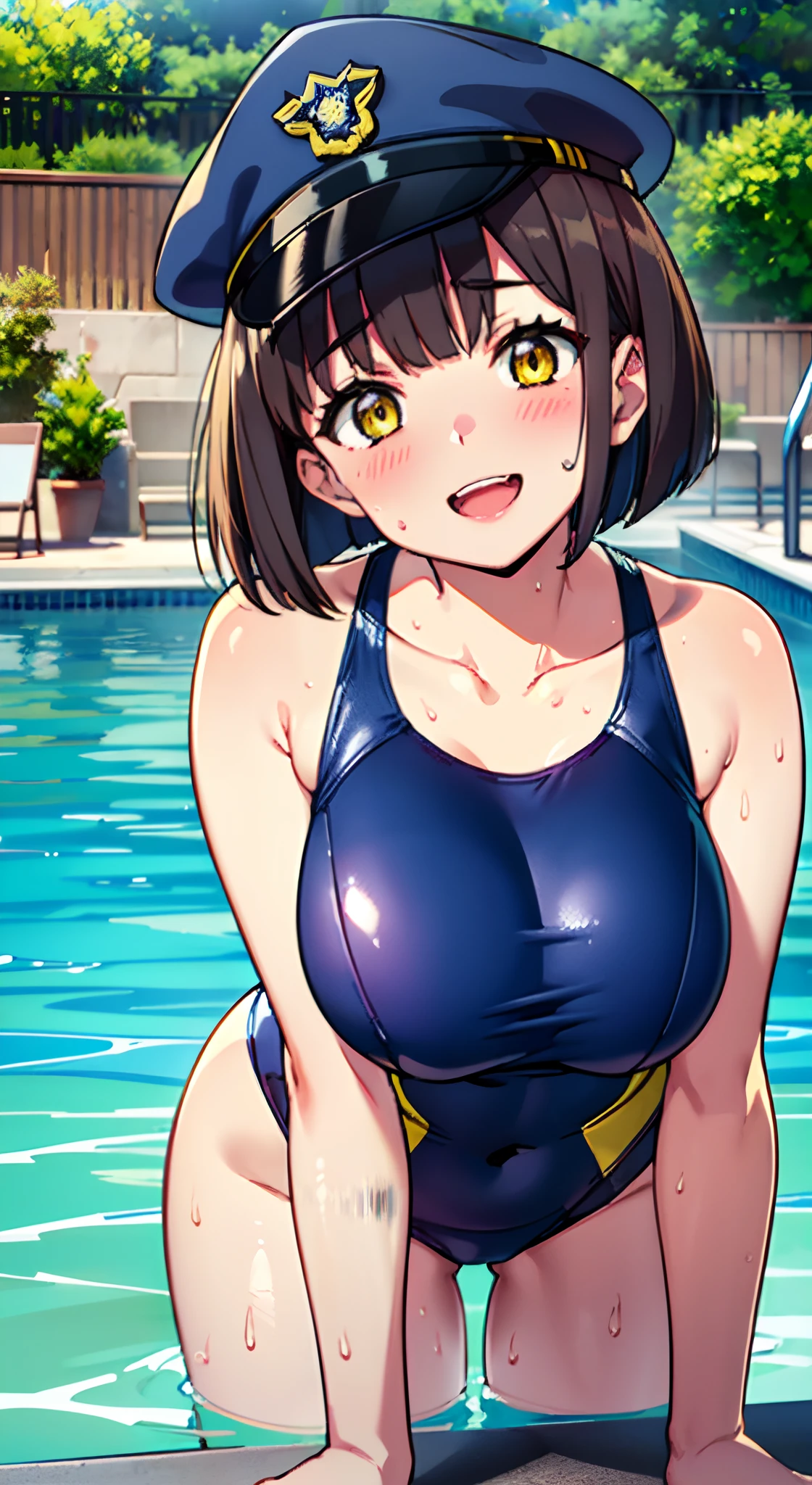 (Perfect body),Best Quality,(8K Portrait),(Official art)、((Police Woman)),blush,Sweat,((large udder))、(Dark hair),((bob cuts))、Yellow eyes,(thick thighs),(((Navy Blue High Leg Swimsuit)))、adult woman、Cowboy Shot、(leaning forward)、(a smile)、Wavy mouth、in poolside