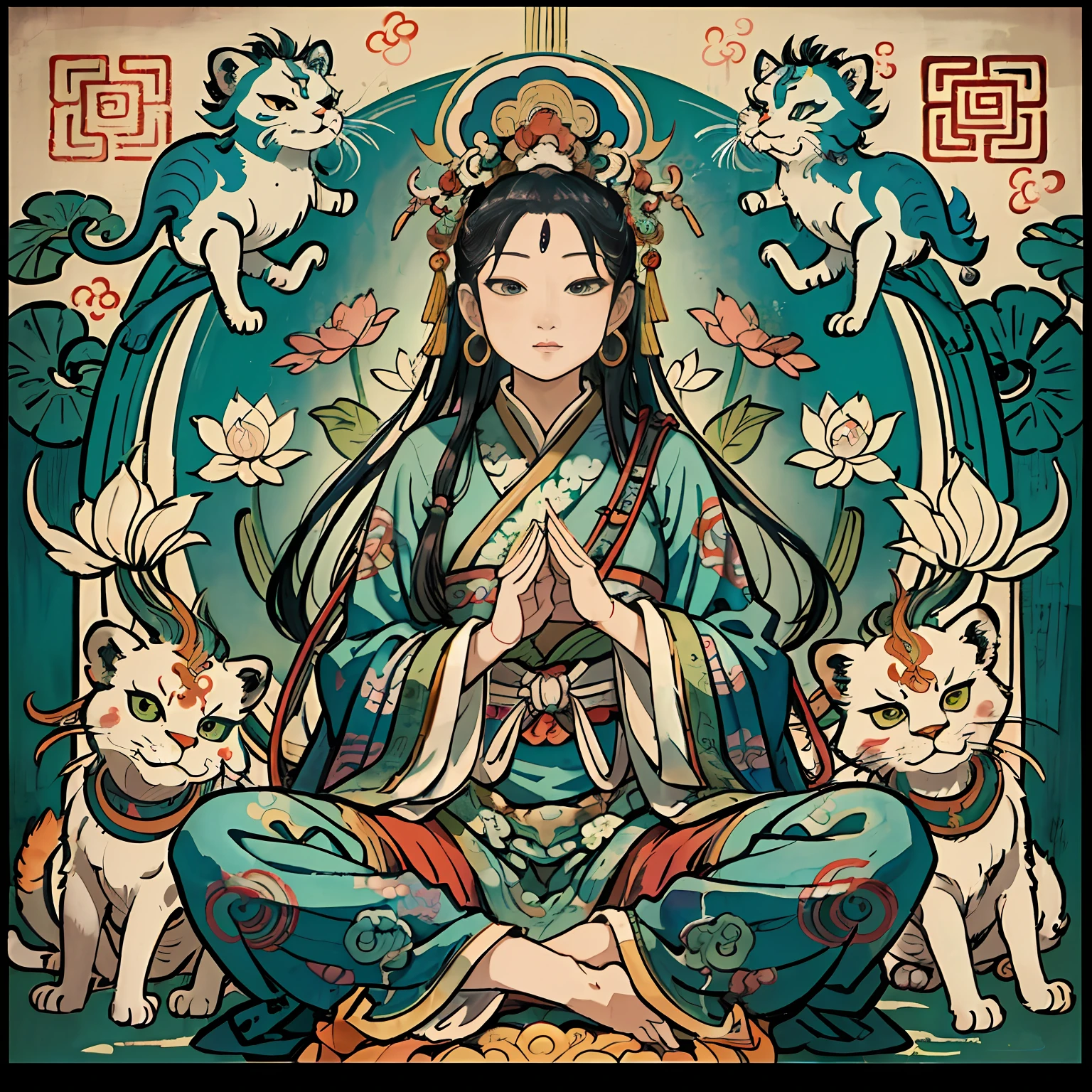 an ancient Chinese goddess, guanyin of the southern seas, Guanyin, Inspired by India, Avalokiteshvara rides a lion,,Serene expression,shui mo hua,Buddha,Buddhist,Lotus,Chinese painting style,Thangka style