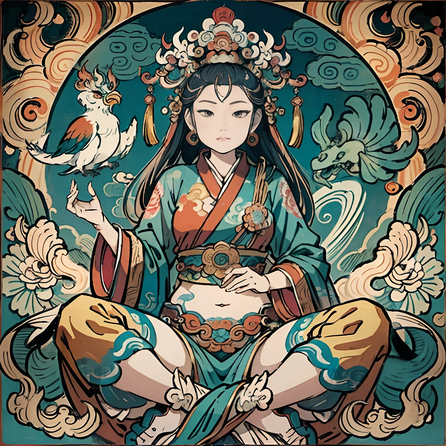 an ancient Chinese goddess, guanyin of the southern seas, Guanyin, Inspired by India, Avalokiteshvara rides a phoenix,,Serene expression,shui mo hua,Buddha,Buddhist,Lotus,Chinese painting style,Thangka style