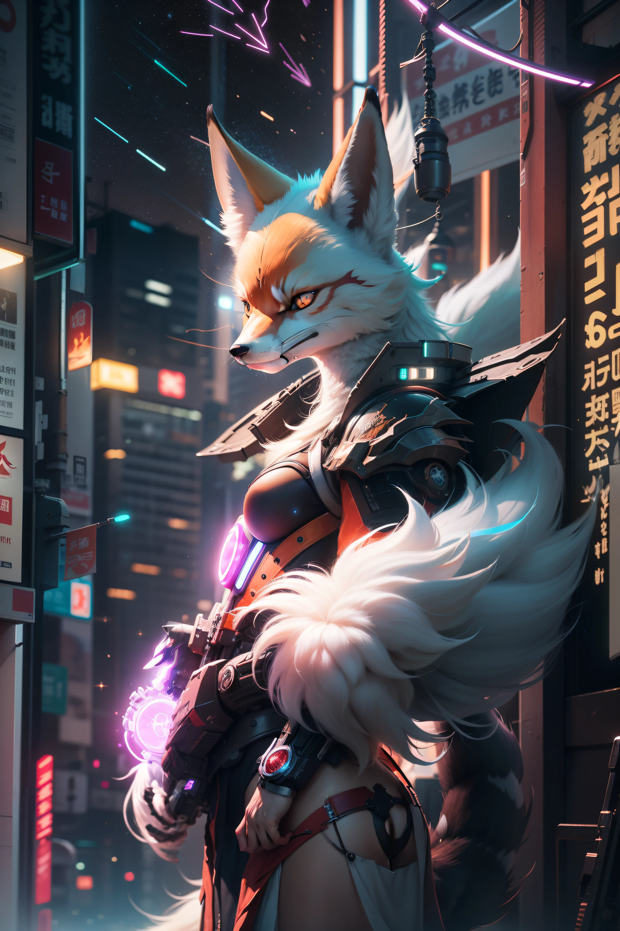 masterpiece，Masterpiece，城市，nine tail fox，Stand under neon lights，Nine tails，Multiple tails，Flying machinery，Sci-fi，high definition detail、Hyper-detailing、cinematic ligh、ultra-realistic realism、Soft light、Deep field focus bokeh、Ray tracing and surrealism