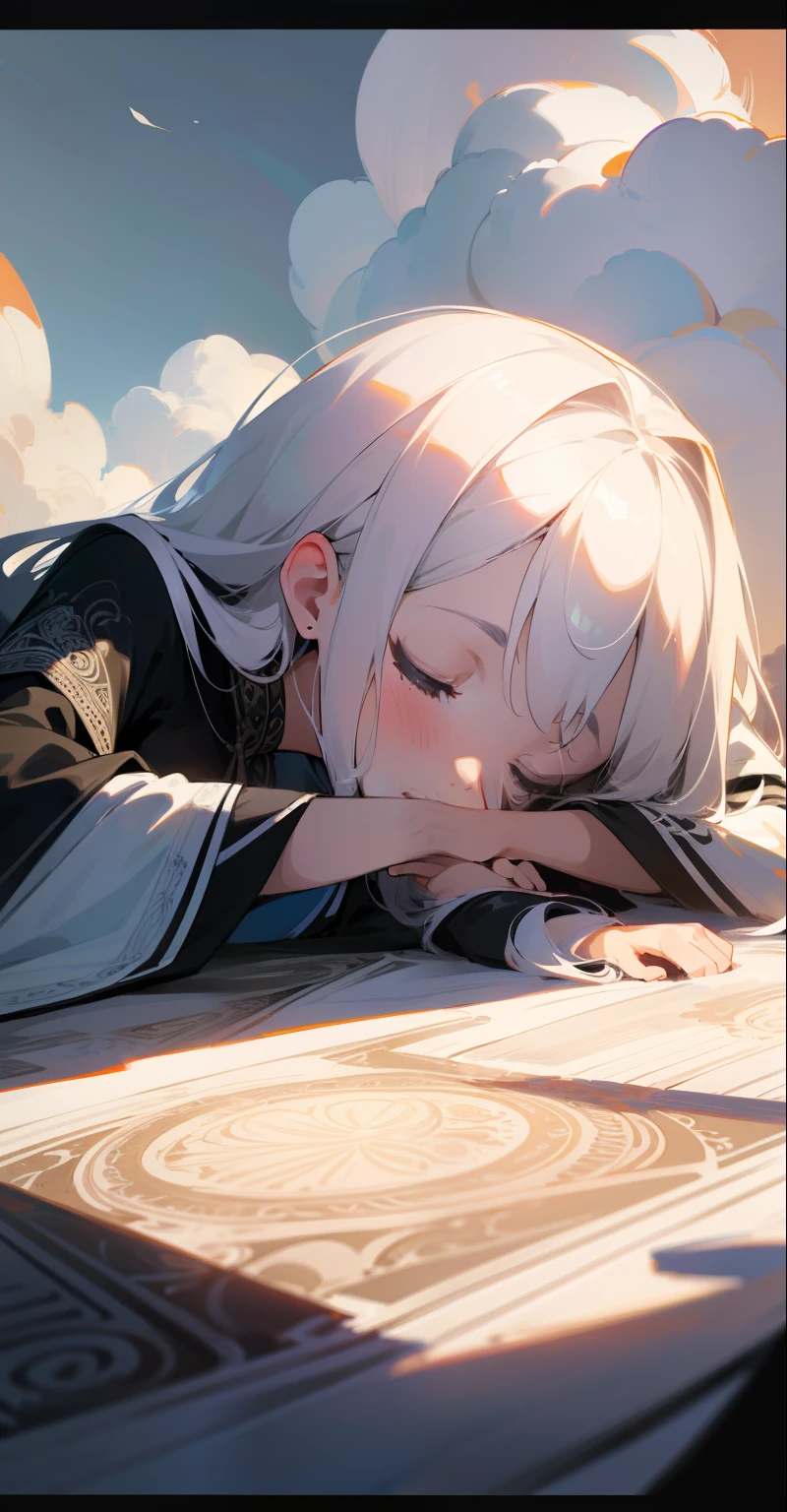 (8k, RAW Photo, Best Quality, Masterpiece: 1.2), (Extremely Detailed CG, Ultra Detailed, Best Shadow: 1.1), 1girl, Ground, Upper Body, Paint, Drawing, Paper Texture, Ultra High Resolution, ((extremely detailed face)), flat color, limited palette, low contrast, mature women, best lighting, sweater, sleeping, sleeping beauty, closing eyes, black eyeliner, a girl falling through the air, clouds, hair in the wind, mouth closed, white hair , white:1.6, (zentangle, mandala, tangle, tangle:1),
INFO
