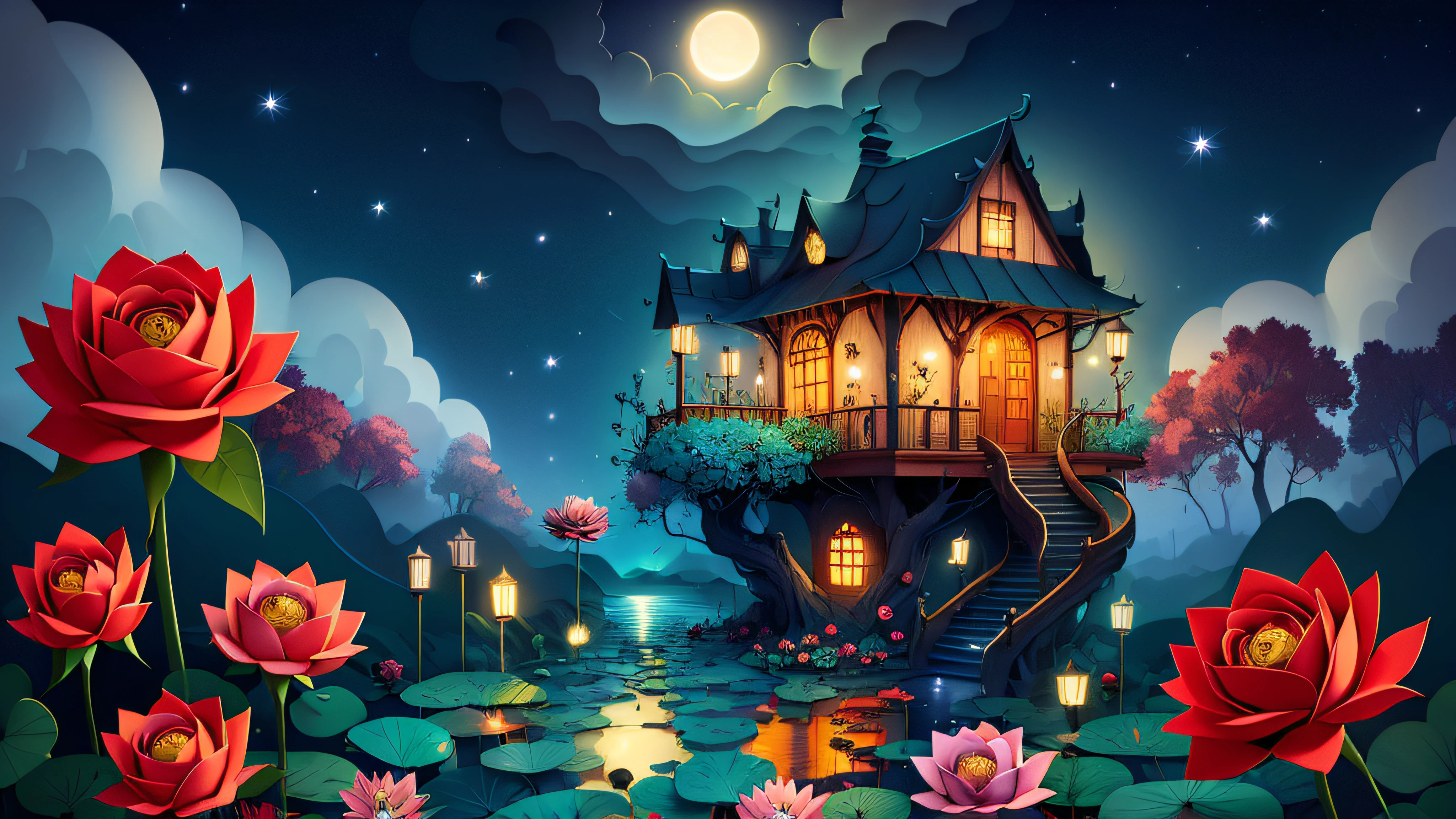 No Man,Secret garden, (Rose flower),Strange tree house,stairways,Winding bluestone road,(waterfallr),(small stream),lotuses,water lilies,Rose bushes,Lush big breasts, Floral, Rose, butterflys,glowworm,A plant, romanticism lain, Moody, Skysky,Starcloud,nigh sky,As estrelas,rays of moonlight,
, Paper_cut