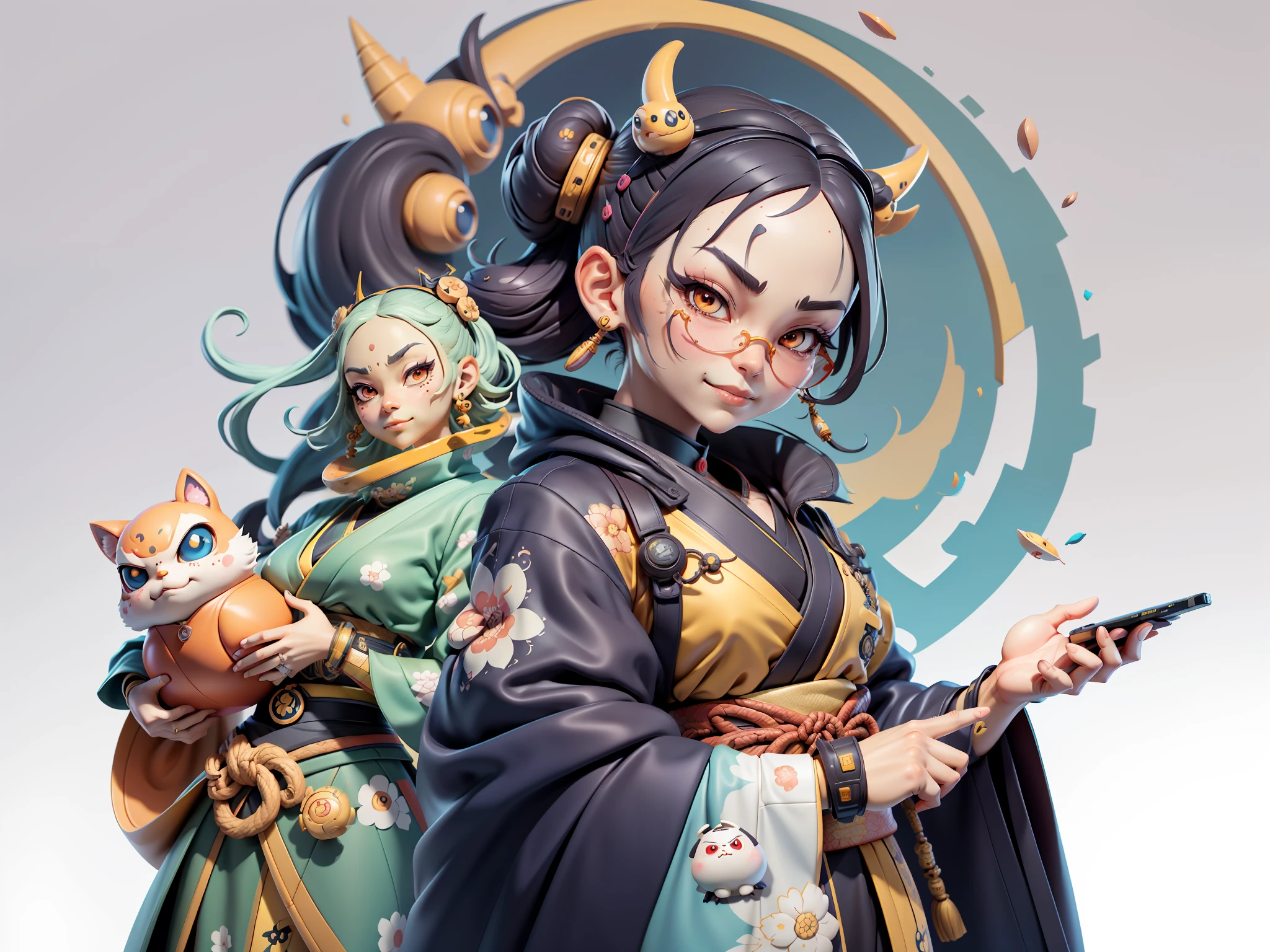 (Daisaku),(Need),(Super meticulous),(full bodyesbian:1.2),Japanese ukiyo-e girl,japanese geisha,Beautiful,Oriental dragon,Aeolian Thor,Raised sexy,爆乳,Oriental face,TV Anchor,Bust portrait illustration,Alone,In black suit,a blue tie,The face is slightly chubby,The face was clean,without a beard,Black super short hair,Black eyes,Smile confidently,3C computer sub-products,iPad, iphone,Digital painting,3D character design by Mark Clairen and Pixar and Hayao Miyazaki and Akira Toriyama,The illustration is a high-definition illustration in 4K resolution,With very detailed facial features and cartoon-style visuals。