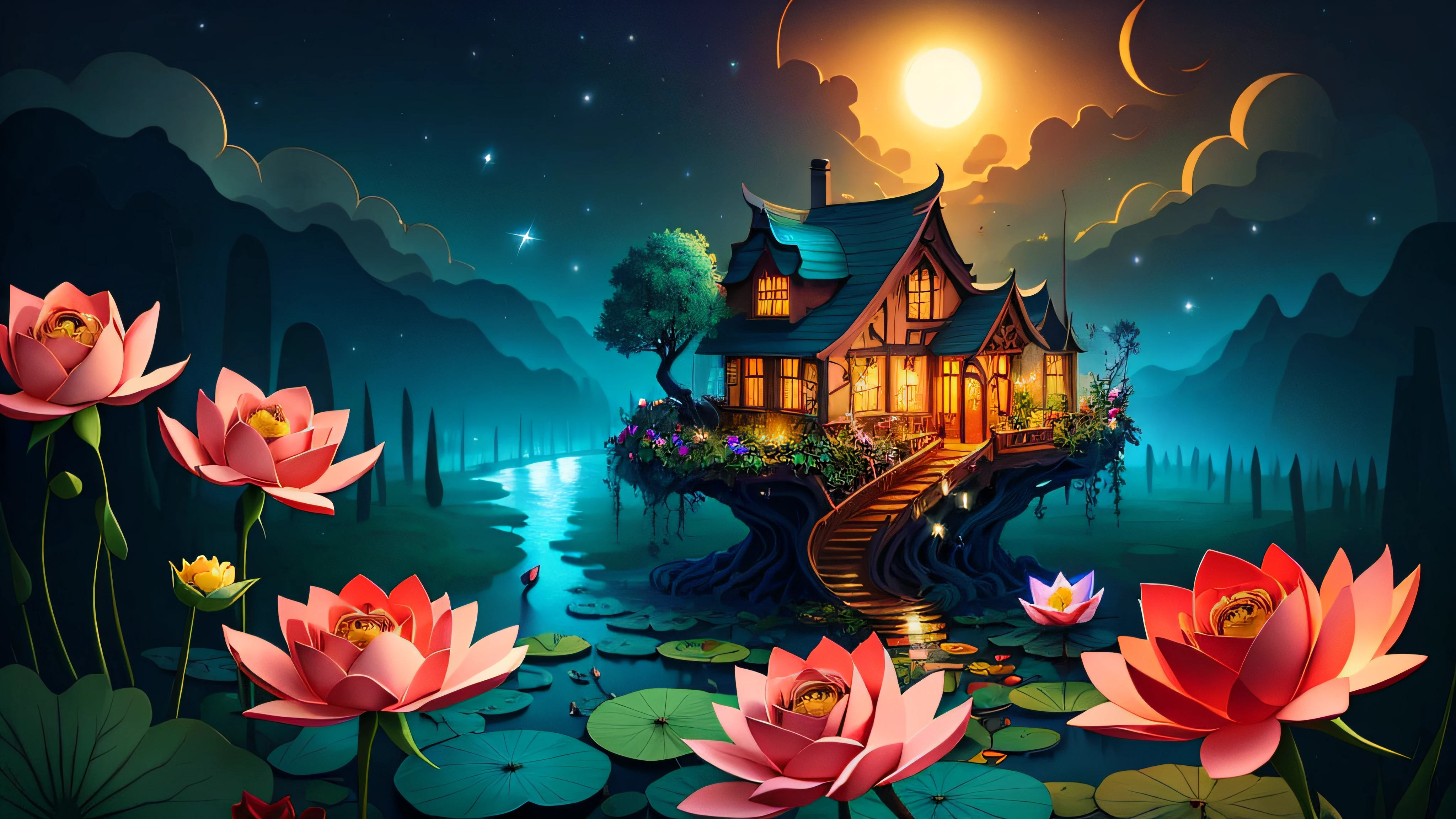 No Man,Secret garden, (Rose flower),Strange tree house,stairways,Winding bluestone road,(waterfallr),(small stream),lotuses,water lilies,Rose bushes,Lush big breasts, Floral, Rose, butterflys,glowworm,A plant, romanticism lain, Moody, Skysky,Starcloud,nigh sky,As estrelas,rays of moonlight,
, Paper_cut