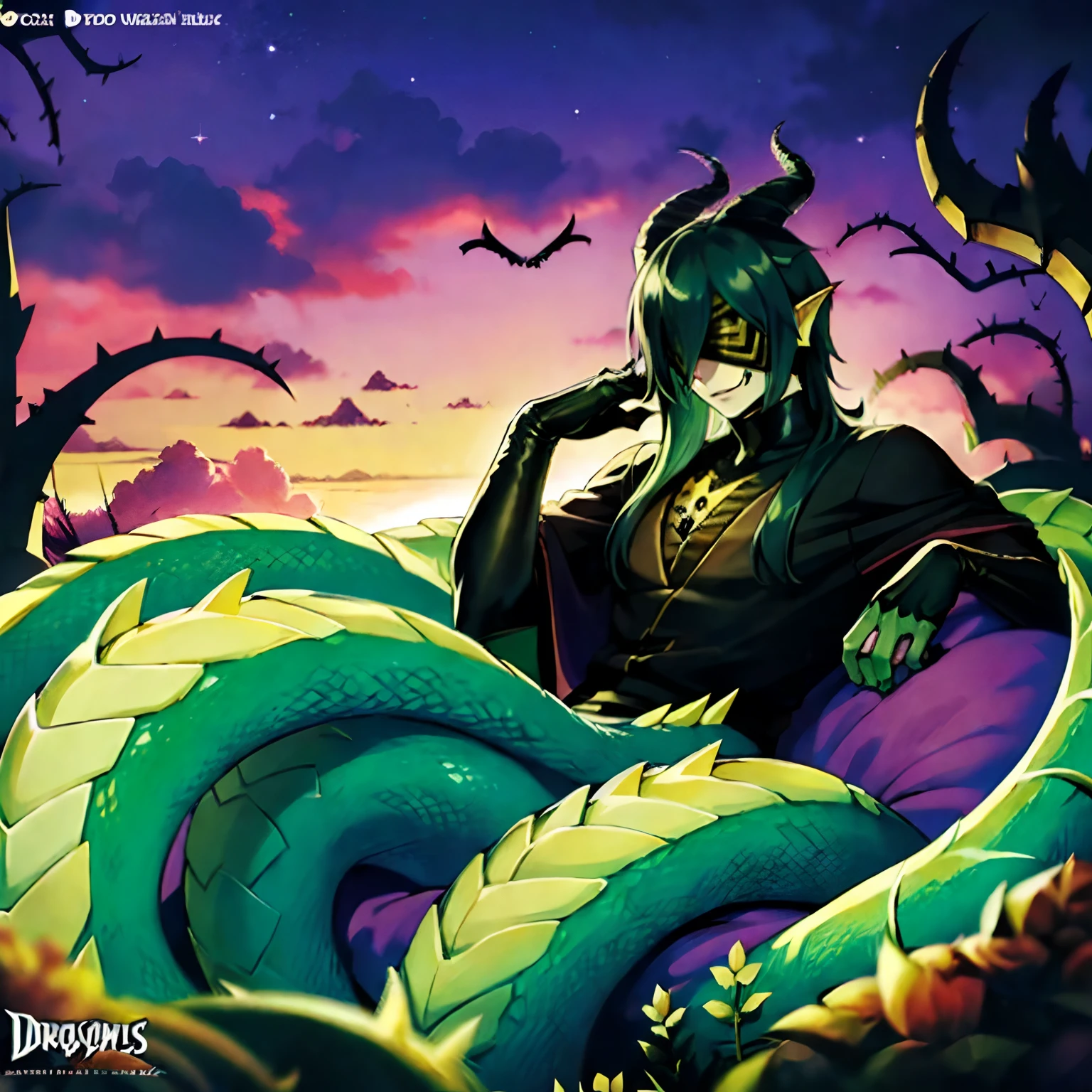 ((anime)),Malleus Draconia as a Digimon, 1boy, malleus draconia \(twisted wonderland\), horns, ((dragon like)), black scales, Green skin , ((black green and Purple color scheme)), ((Maleficent inspired)),digimon \(creature\), Monster boy, High Aesthetic, masterpiece, High quality, Handsome,
((scaled humanoid)),((mask covering Eyes)),((Thorns around body))