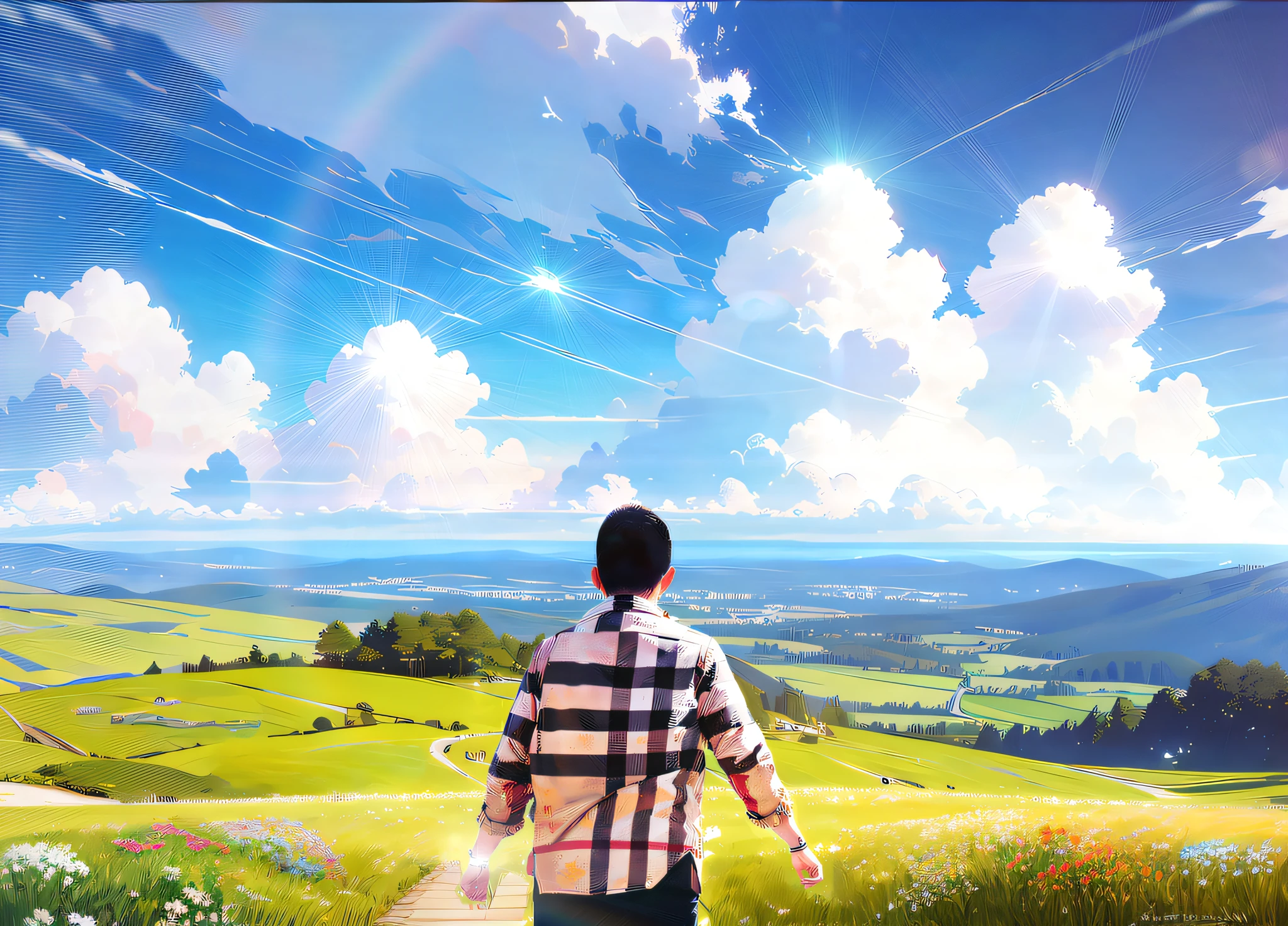 Realistic, authentic, beautiful and amazing landscape oil painting Studio Ghibli Hayao Miyazaki's petal grassland with blue sky and white clouds --v6