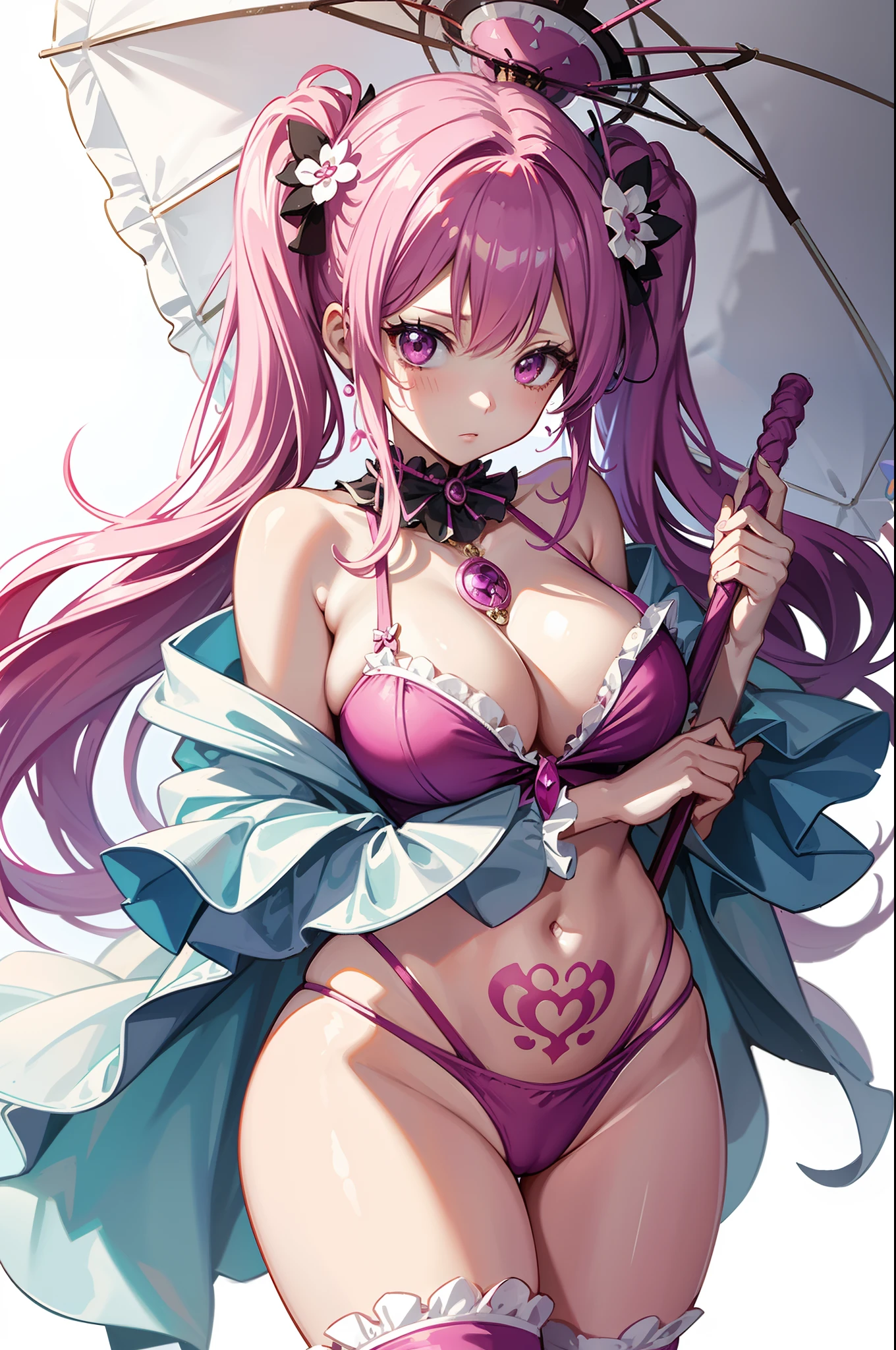 one piece ghost princess perona, ghost and sakura aura, holding a cute umbrella, wet pink gothic outfit, hair tied into two pigtails with black and white flower hairpins, showing off, crotch tattoo, open breast, perfect body shape