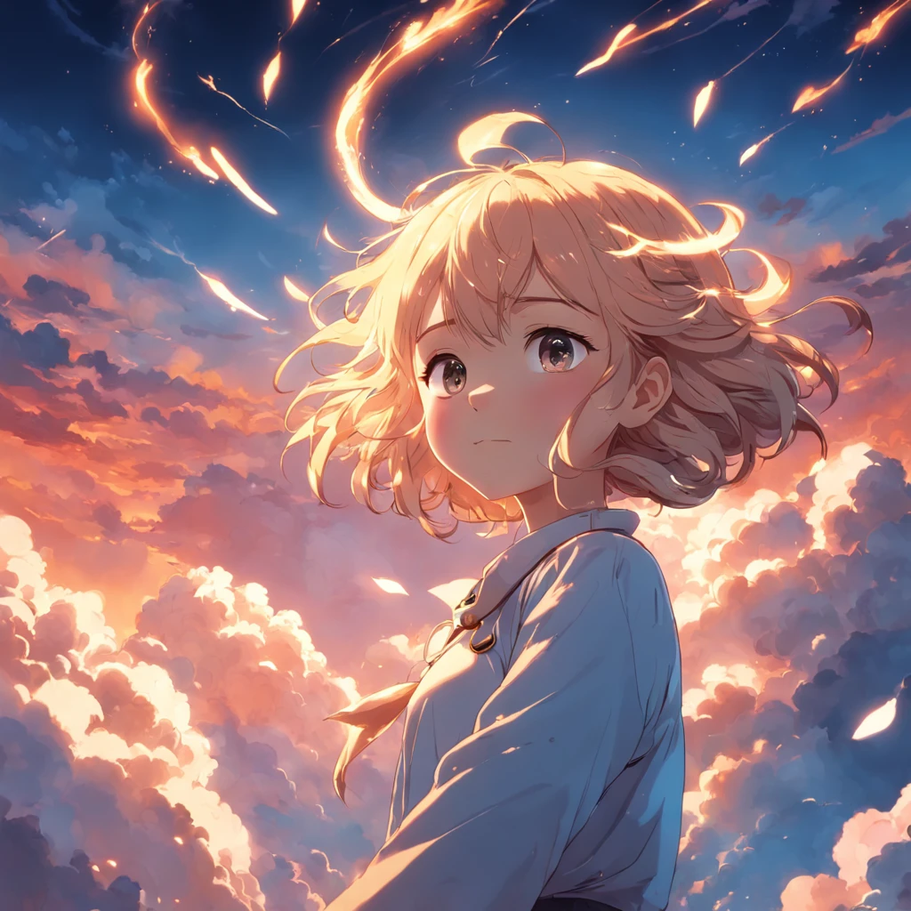 masterpiece, best quality, movie still, 1girl, cloud girl, floating in the sky, close-up, bright, happy, warm soft lighting, sunset, (sparks:0.7)