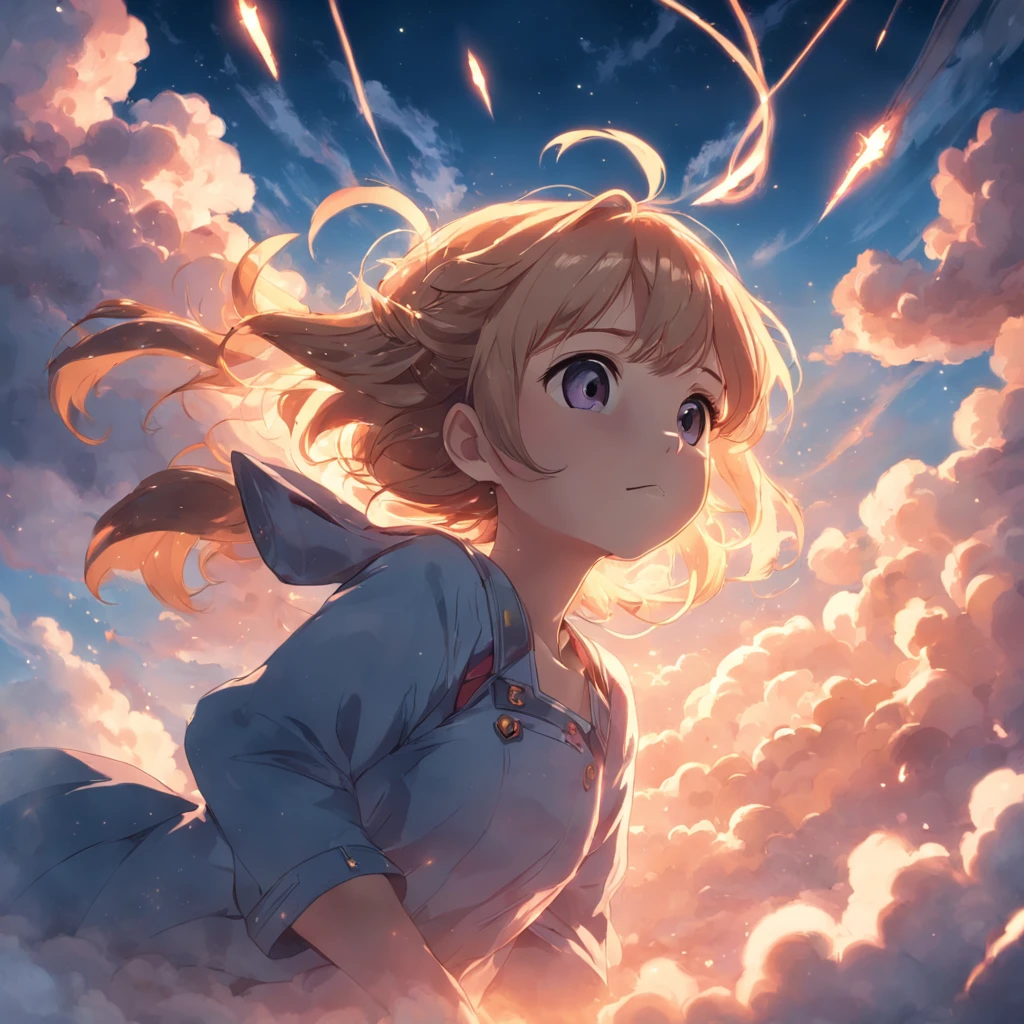 masterpiece, best quality, movie still, 1girl, cloud girl, floating in the sky, close-up, bright, happy, warm soft lighting, sunset, (sparks:0.7)