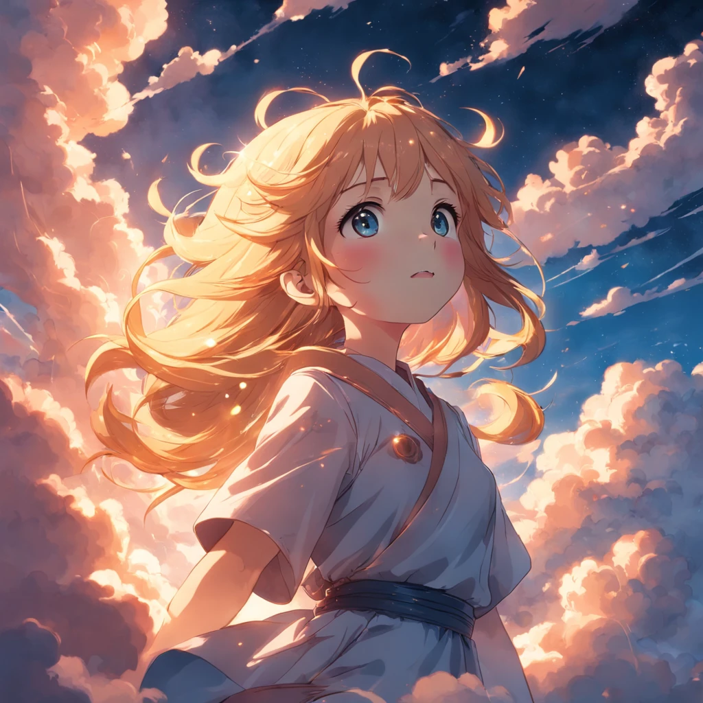 masterpiece, best quality, movie still, 1girl, cloud girl, floating in the sky, close-up, bright, happy, warm soft lighting, sunset, (sparks:0.7)