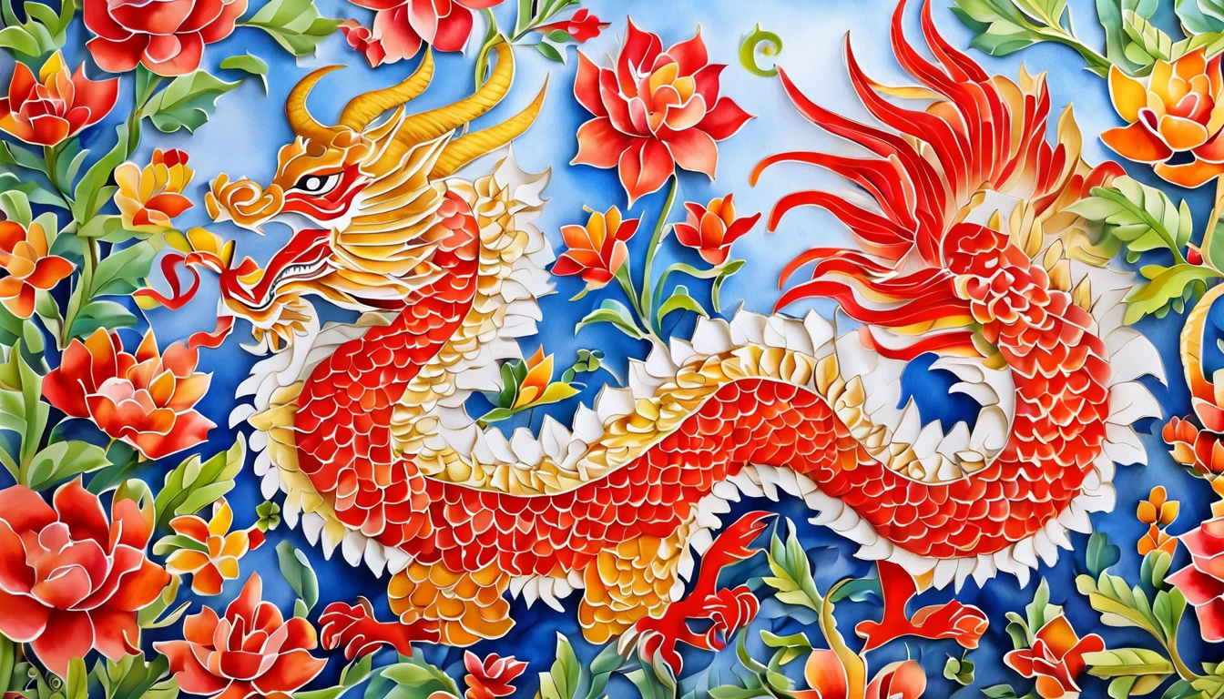 gold china dragon, lunar new year, spring flower, red lantern, colorfull background, highest quality, Full HD, close-up, 2023, 3d, (paper art, Quilted Paper Art, Geometry), highly colorful