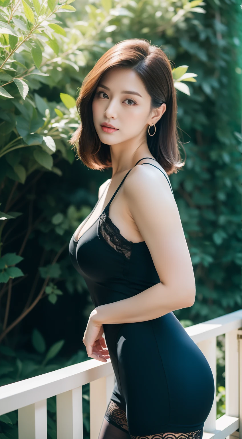 (Masterpiece, Realistic:1.3), (extremly intricate:1.2), (Photorealistic:1.4), (Extremely delicate), (Ultra photo realsisim:1.3), (a high detail RAW color professional full body photo), hyperrealism photography, Extremely detailed Cg Unity 8K wallpaper, hyper HD, hdr, RAW photo, Digital SLR, hyperrealistic 3 d render, minimalistic composition，with clean lines，Subtle changes in hue, Evokes a sense of simplicity and serenity, Penny, In a peaceful and charming kingdom, Peaceful garden blooming, Zen-like beauty，Brings a sense of inner peace, lapis lazuli, metallic  luster，Gives gemstones a reflective and polished look, robed, woman, Average height, shades, Square face, brown tanned skin, Dark brown hair, teal eyes, Straight nose, full pouty lips, Sharp chin, Shoulder-length hair, Coarse hair, Rough waves, Enlargement of the chest, Stud earrings, Rose glossy lipstick, nijistyle, A pair of GGX heels, High heels, Stockings, Lace trim, Pantyhose, lace choker, Narrow waist, huge boob, noona,  Black stockings reveal long legs，The upper circumference becomes larger