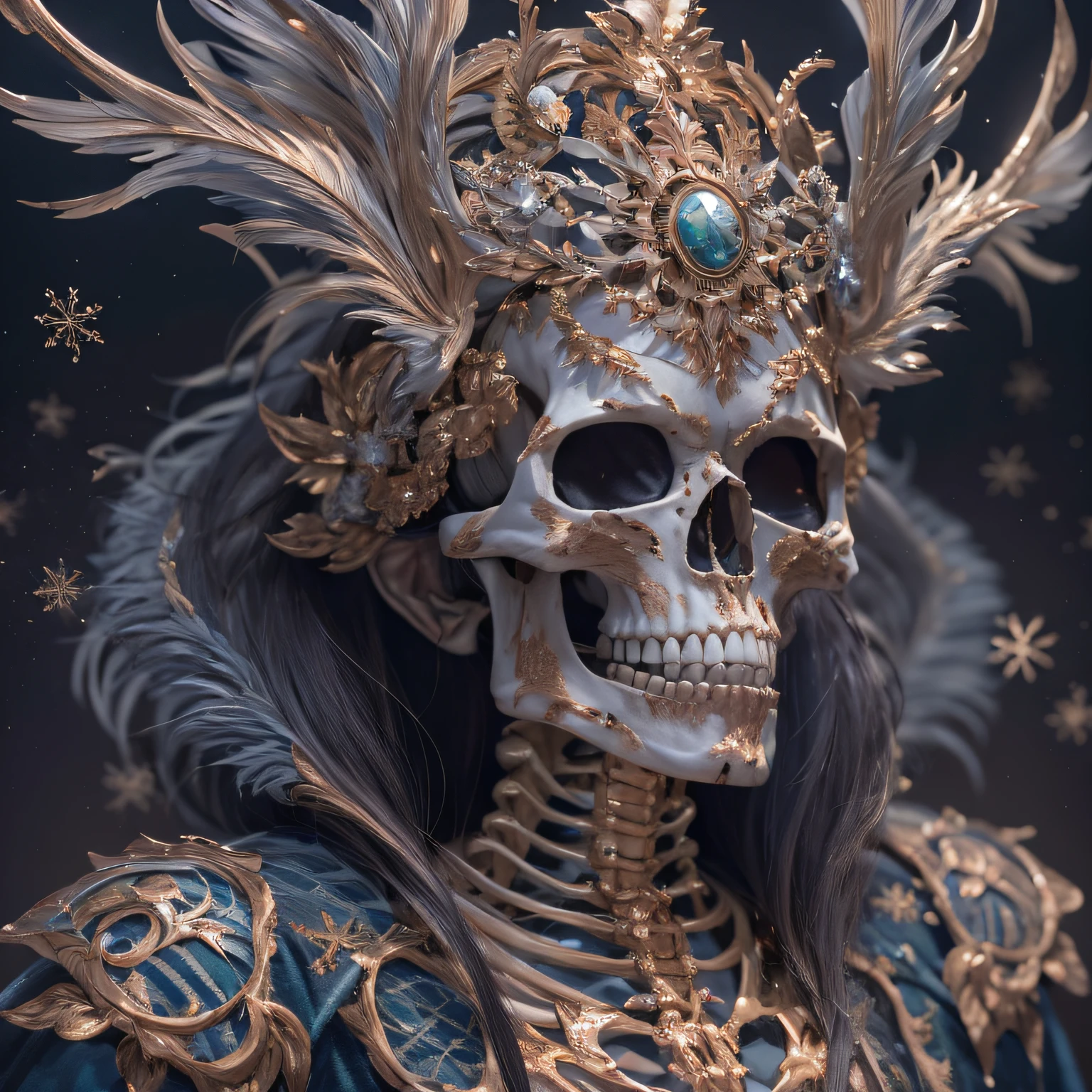 Tyson，Lunette de soleil，32K（tmasterpiece，k hd，hyper HD，32K）Purple-pink flowing hair，Gold skull jewelry area in the back room，Skeleton King ，Rusty copper dragon skull protector （The skeleton is realistic：1.4），Skull pattern robe，Purple-pink skull headdress，Snowflakes fluttering，The background is pure，Hold your head high，Be proud，The nostrils look at people， A high resolution， the detail， RAW photogr， Sharp Re， Nikon D850 Film Stock Photo by Jefferies Lee 4 Kodak Portra 400 Camera F1.6 shots, Rich colors, ultra-realistic vivid textures, Dramatic lighting, Unreal Engine Art Station Trend, cinestir 800，Hold your head high，Be proud，The nostrils look at people，Tsundere，Snowflakes fluttering，Snowflakes fluttering，Snowflakes fluttering，Snowflakes fluttering，Impeccable，( reasonable design, Clear lines, High sharpness,Best quality, Very detailed skeleton, The skeleton of a masterpiece, offcial art, movie light effect, 4K skeleton