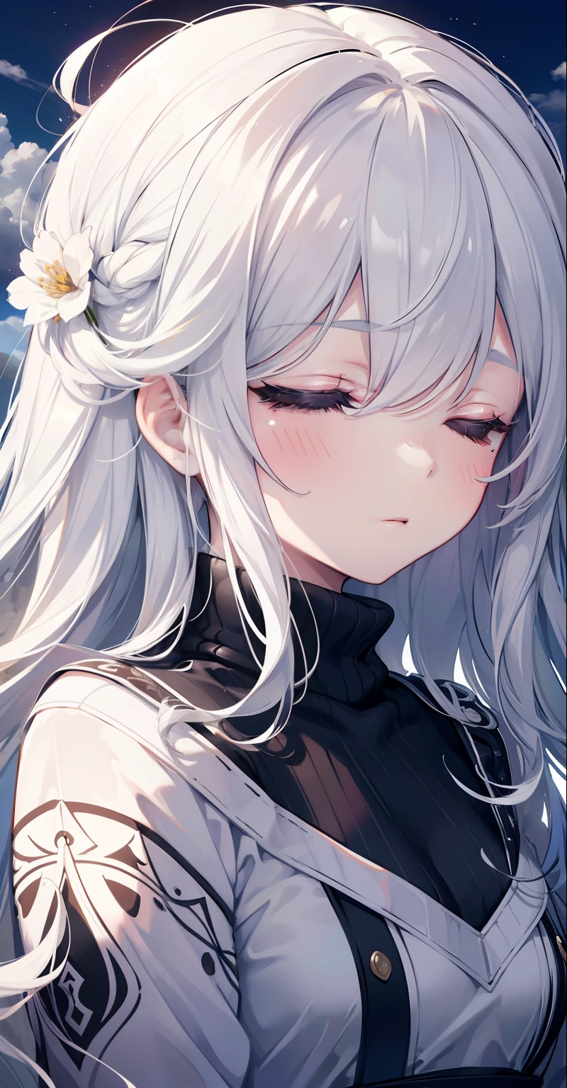 (8k, RAW Photo, Best Quality, Masterpiece: 1.2), (Extremely Detailed CG, Ultra Detailed, Best Shadow: 1.1), 1girl, Ground, Upper Body, Paint, Drawing, Paper Texture, Ultra High Resolution, ((extremely detailed face)), flat color, limited palette, low contrast, mature women, best lighting, sweater, sleeping, sleeping beauty, closing eyes, black eyeliner, a girl falling through the air, clouds, hair in the wind, mouth closed, white hair , white:1.6, (zentangle, mandala, tangle, tangle:1),
INFO