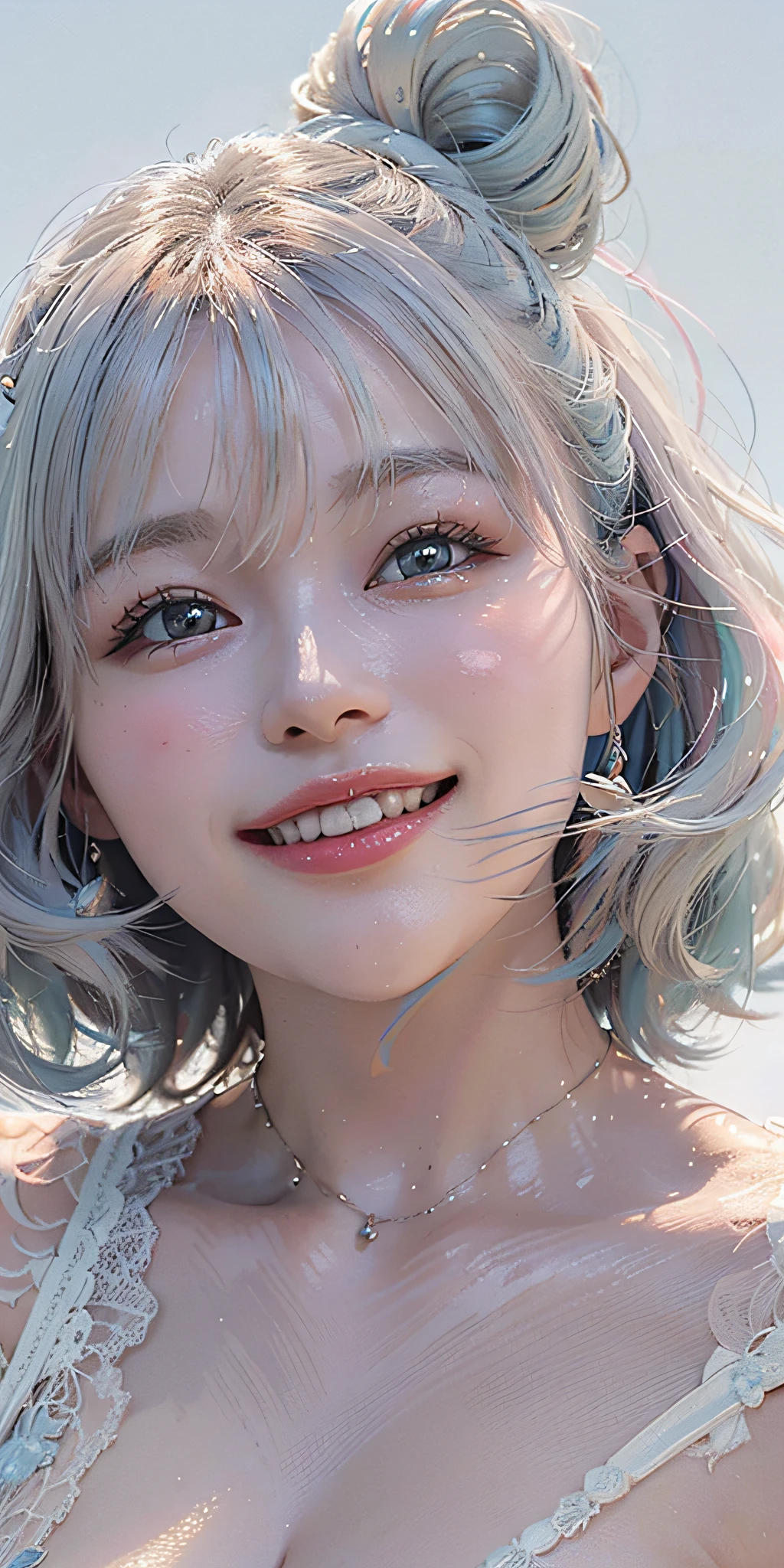 ((best quality)), ((masterpiece)), (detailed), perfect face. Asian girl. Smile. White hair. Small breast. Nipple.