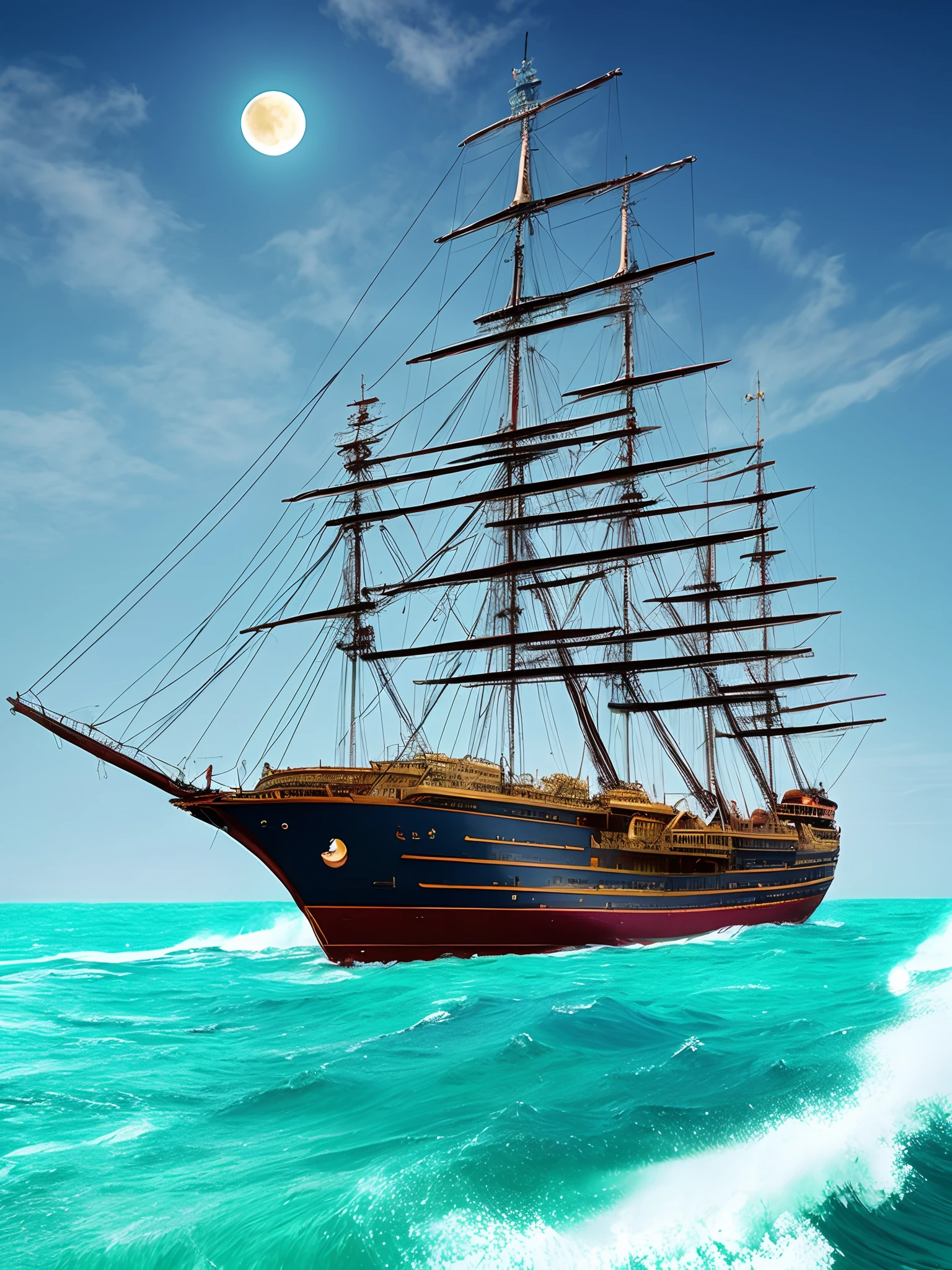 Imagine the enchanting scene of a mysterious pirate ship drifting on the stunning turquoise waters of the Magic Kingdom. Describe the ethereal appearance of the ship, From its intricacies, Luminous carving on rainbow-colored sails,Catch the glow of the two moons above. Delve into the ship's connection to the mysterious energy of the ocean, Detail how it uses these dynamics for propulsion and protection. Highlight the crew's attire, Reflects the color of the sea, And explore the ship's ability to gradually enter and exit reality, Disappear from view when danger approaches. Convey the wonder and mystery that this ship brings to all those who encounter it in this realm where reality and magic intertwined