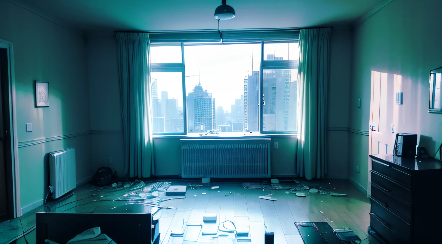 chessboard room, apartment, broken, night, destroyed room, gloomy room, dark apartment, crime scene, blood, murder