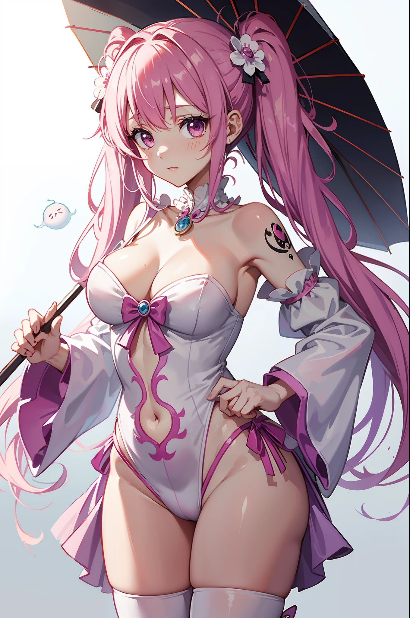 one piece ghost princess perona, ghost and sakura aura, holding a cute umbrella, wet pink gothic outfit, hair tied into two pigtails with black and white flower hairpins, showing off, crotch tattoo, perfect body shape