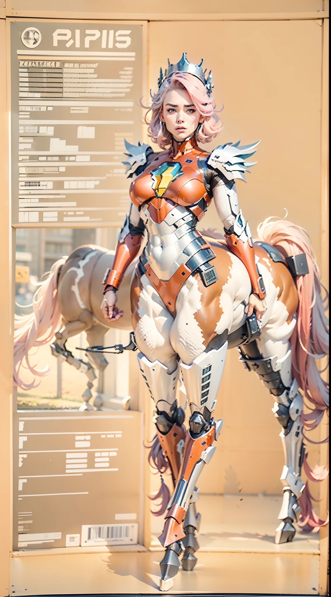 A female centaur，She is famous in the multiverse，She is both a female centaur, half human, half horse, half horse，It is also a female Yingzhao。She blends both images，The first is：（（The head of the horse/neck/Shoulder these parts，Replaced with a beautiful female human upper body）：9.9），of females are half-centaurs, half-horses, half-humans，The second is：（（The head of the horse/neck/lower back/hason/gluteal/Shijo Thigh Female Embodiment）：9.9），'s（（Female half-horse with beautiful woman's）：9.9，Chimer）：9.9），（It's like a female human wearing a half-horse-like costume and making a seamless chimera：9.9），This chimerization is based on powerful futuristic technology。The ultra-wide-angle lens captures the image of her beautiful and ethereal wings on the ionosphere launching a super-high-speed charge and leaping。Her front half is distinctly feminine，Tall sexy body，possessed（K cup giant coconut tit chest：9.9），It has a small man's waist butterfly straddling（Long legs：9.9），The embedded interface of the half-horse part of the bent feminine state of the back half of the body is in the hip position。（The horse-shaped, half-horse torso form of her back body is completely female humanization9.9）。The chest cavity of a woman in the shape of a bent dog style embedded in the lower back position of the beautiful woman's body starting from the upper part of the sternum/lower back/Ventral transverse。Then there are the sexy beauty's upright hips，（Her entire body has been completely female and replaced by a female body：9.9），Including the half-horse part。Mechanized armor covers the legs with knee-shaped anti-joints and feet，And these parts are highly anthropomorphic，This makes her legs graceful and slender，Her four horse legs exploded in length proportions and was slender and toned，Under the legs are skinny white feet dressed in Skyscraper Heels，Use Midjourney's advanced stroke tools and color palettes, as well as texture packs, model packs, and texture tools，Concentration，Include all parts of her