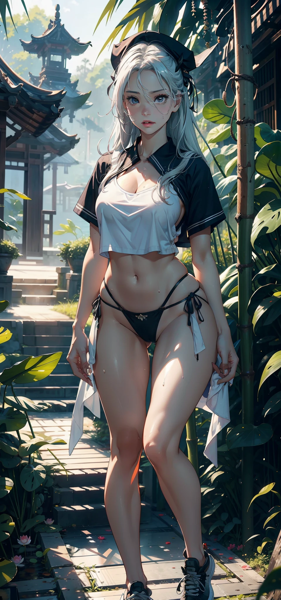 1female,35yo,熟妇,long leges,Big breasts Thin waist,Slim,huge-breasted ,Pornographic exposure, 独奏,(Background with:bamboo forrest,lotuses,lotus flower,exteriors,Lotus pond) She has short silver-white hair,standing on your feet,Sweat profusely,drenched all over the body,seen from the front, hair straight, mostly cloudy sky,(((tmasterpiece),(Very detailed CG unity 8K wallpaper),best qualtiy,cinmatic lighting,detailed back ground,beatiful detailed eyes,Bright pupils,Black eyes,(Very fine and beautiful),(Beautiful and detailed eye description),ultra - detailed,tmasterpiece,)),facing at camera,A high resolution,ultra - detailed),revealing breasts,Bare genitalia, Bulge,legs are open,Raised sexy,Camel toes,Flushed complexion,Open-mouthed,frontage,high school senior,Sailor's cap(Wearing:Sailor uniform,Bare genitalia,with no underpants,athletic sneakers)Full body photo,Show shoes