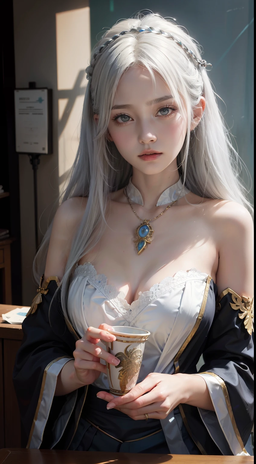 Portrait of a female hyperrealist by David Hockney and Alphonse Mucha、Fantasyart、Photorealsitic、动态照明、art stations、poster for、Volumetric lighting、extra detailed face、4 k、Award-winning、、1girl、dark、deep-shadows、lowkey、(Formula service:1.4)、length hair、white hair、