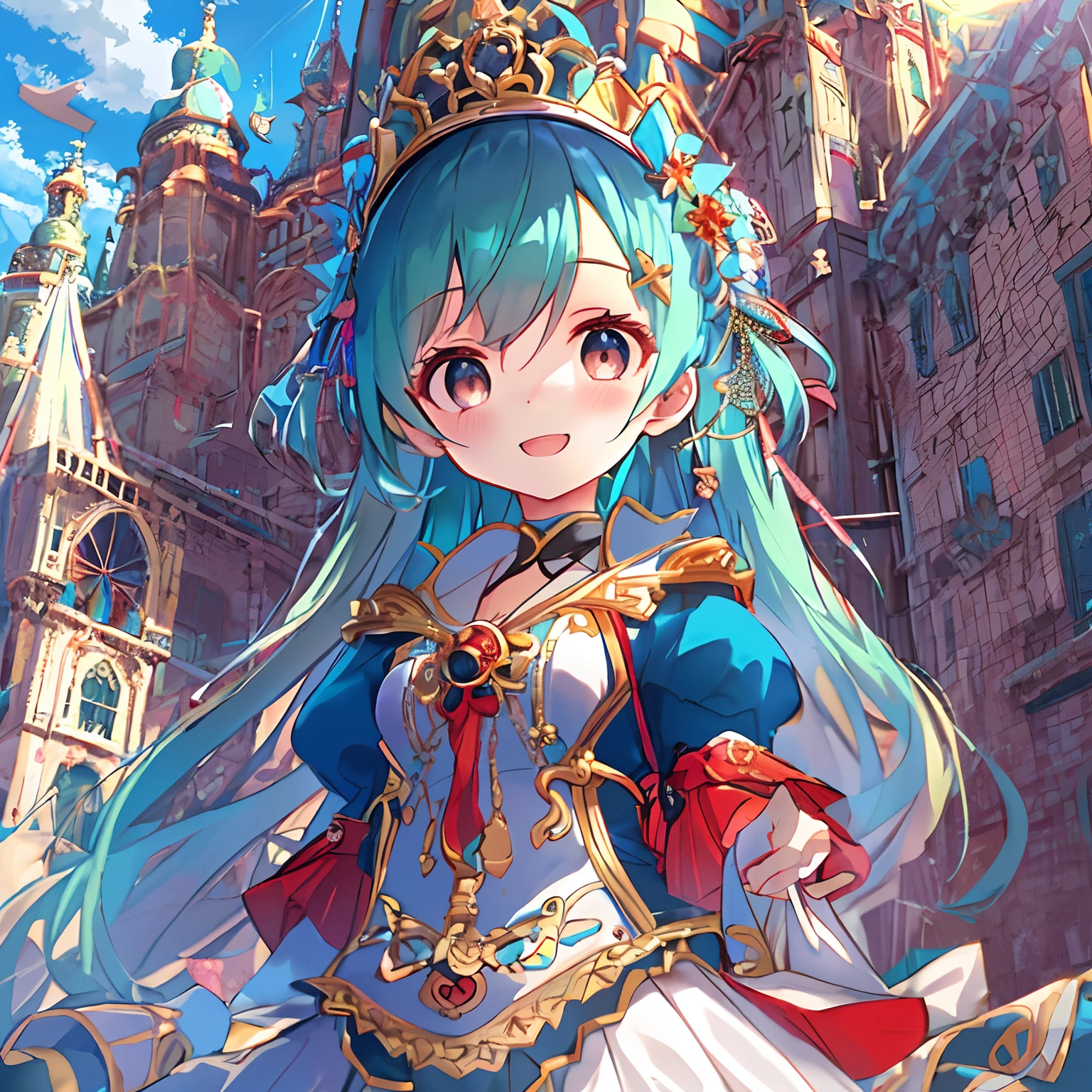 absurderes, A high resolution, (Anime style:1.1), ((masutepiece)), ((Best quality)), (Ultra-detailed), (Beautiful), 独奏, Beautiful face、(hoist),ar old、front of the oversized and elaborate castle、Cute princess dress、Girl vs、Blue-red colorful hair, Colorful eyes,view the viewer,Lens flare,Dramatic, Coastal、(lifted skirt:1.3)、Turn around from behind、full body Esbian、Giggle smile、(Low positions,From below:1.5)