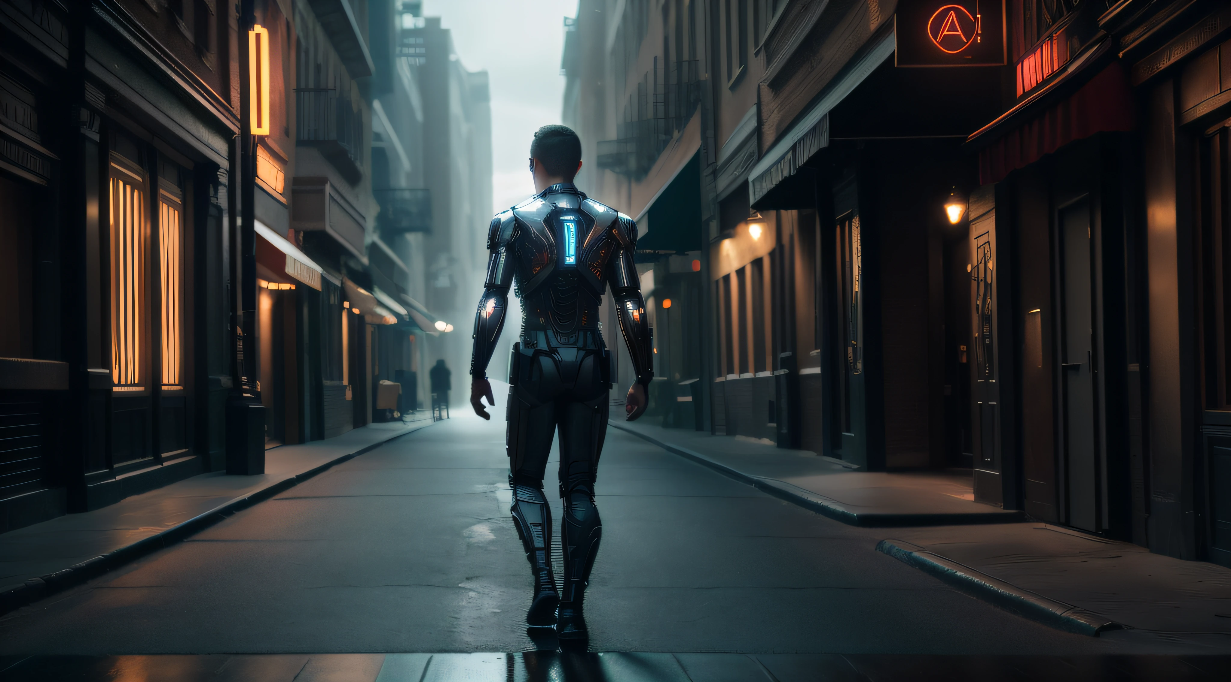 a picture of a humanoid half human half cyborg wandering in a metropolis with the sunset at background. (full body photo, masterpiece, best quality, ultra realistic, 32k, RAW photo, detailed skin, 8k UHD, DSLR.high quality, film grain, Realism, detailed, professional, photorealistic, realistic, high-resolution, detailed, stunning, professional, lifelike, cinematic lights, cinematic atmosphere, cinematic composition, cinematic colorgrading, Adobe Photoshop 2023).