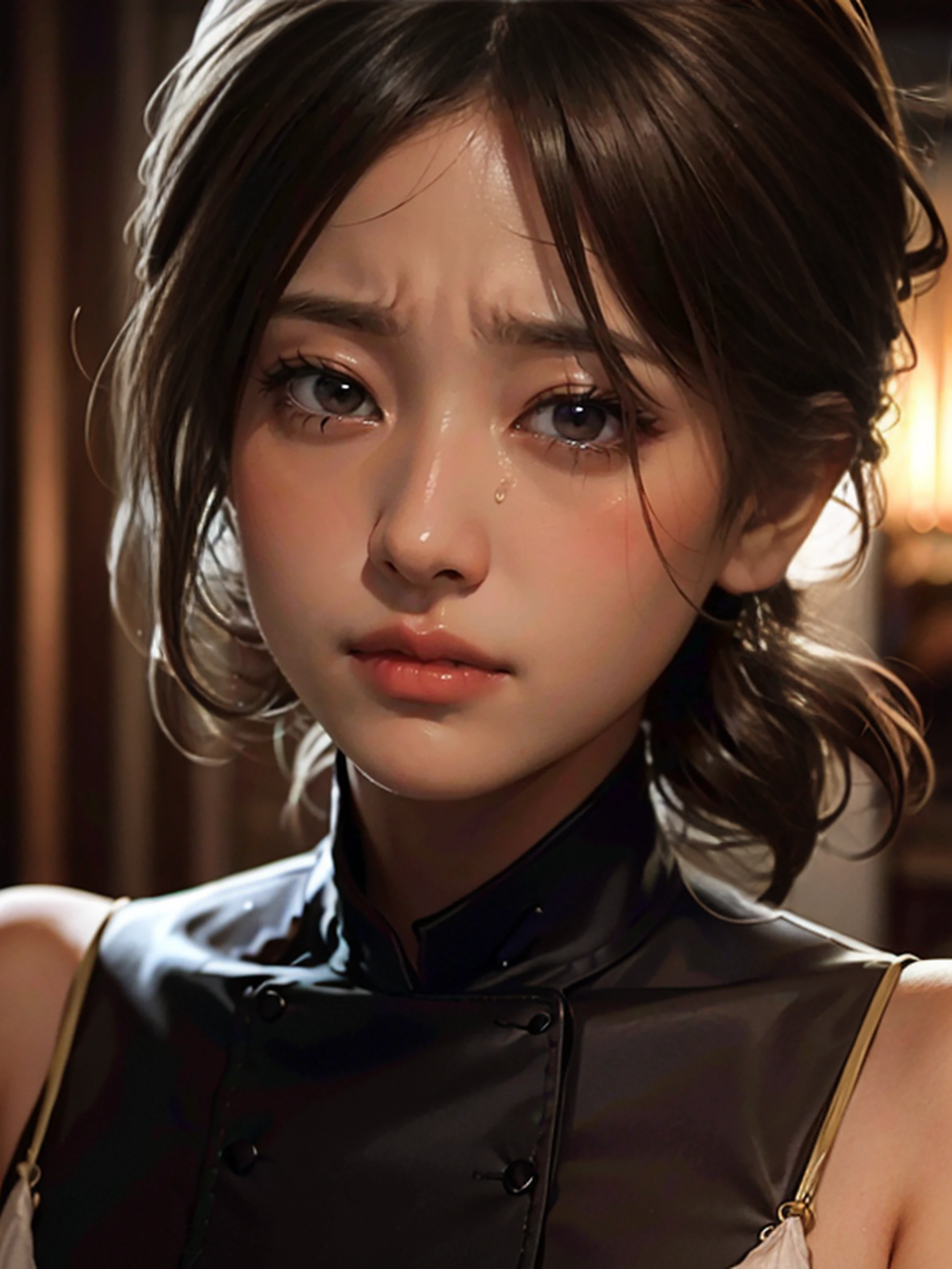 Blkmndy, brown skin,masterpiece, best quality,upper body, portrait,8k resolution,realistic,1 girl, Crying,tears,frown,sad eyes,Sharp eyes, cute face,wear,Korean style