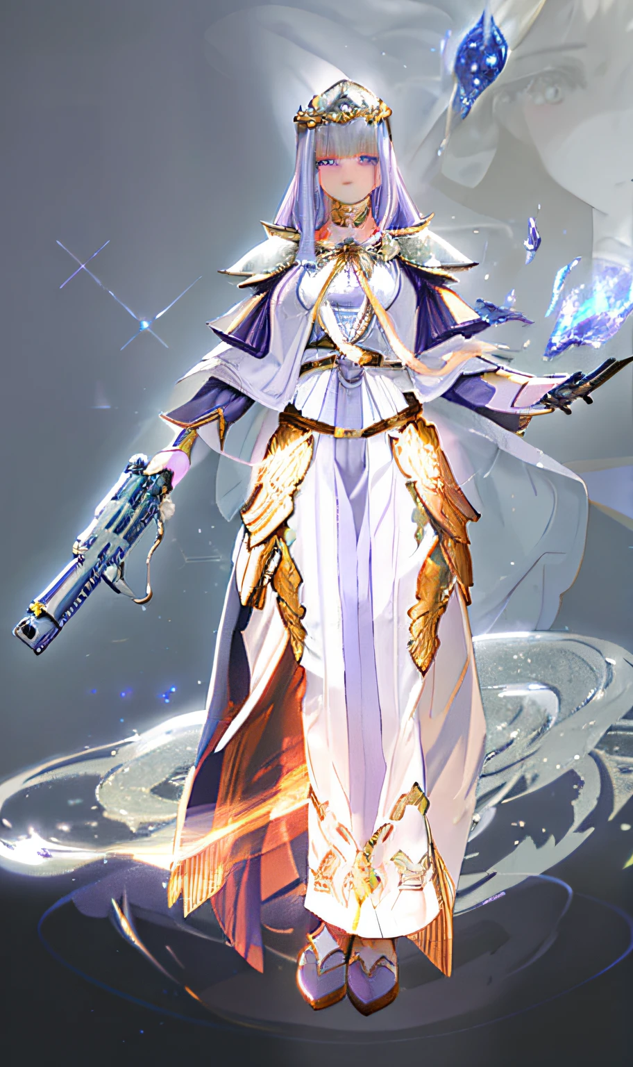 a beautiful woman,Close-up of a man in costume holding a gun, full portrait of elementalist, Beautiful celestial mage, , clothed in ethereal battle armor, wearing star filled mage robes, clothed in ethereal armor, Golden tech robe, full body purple and white cloak, ornate cyberpunk robes, golden-white robes,a gorgeous,Beautuful Women