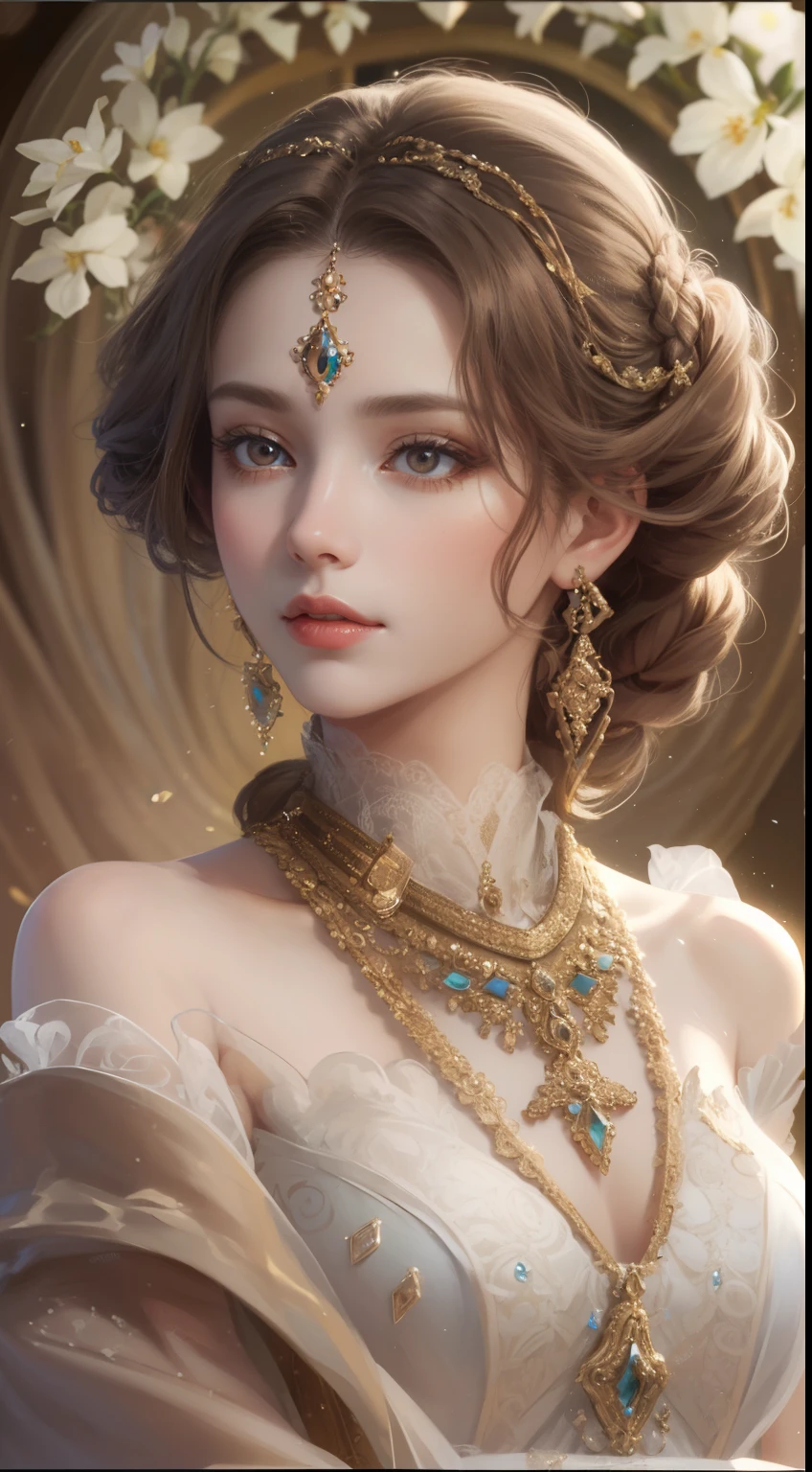 tmasterpiece，Highest high resolution，Beautiful bust of a noble lady，Delicate chocolate-colored braided hair，Brown clear eyes，The hair is covered with beautiful and delicate floral craftsmanship, Crystal jewelry filigree，Ultra-detailed details，upscaled。Soft lighting