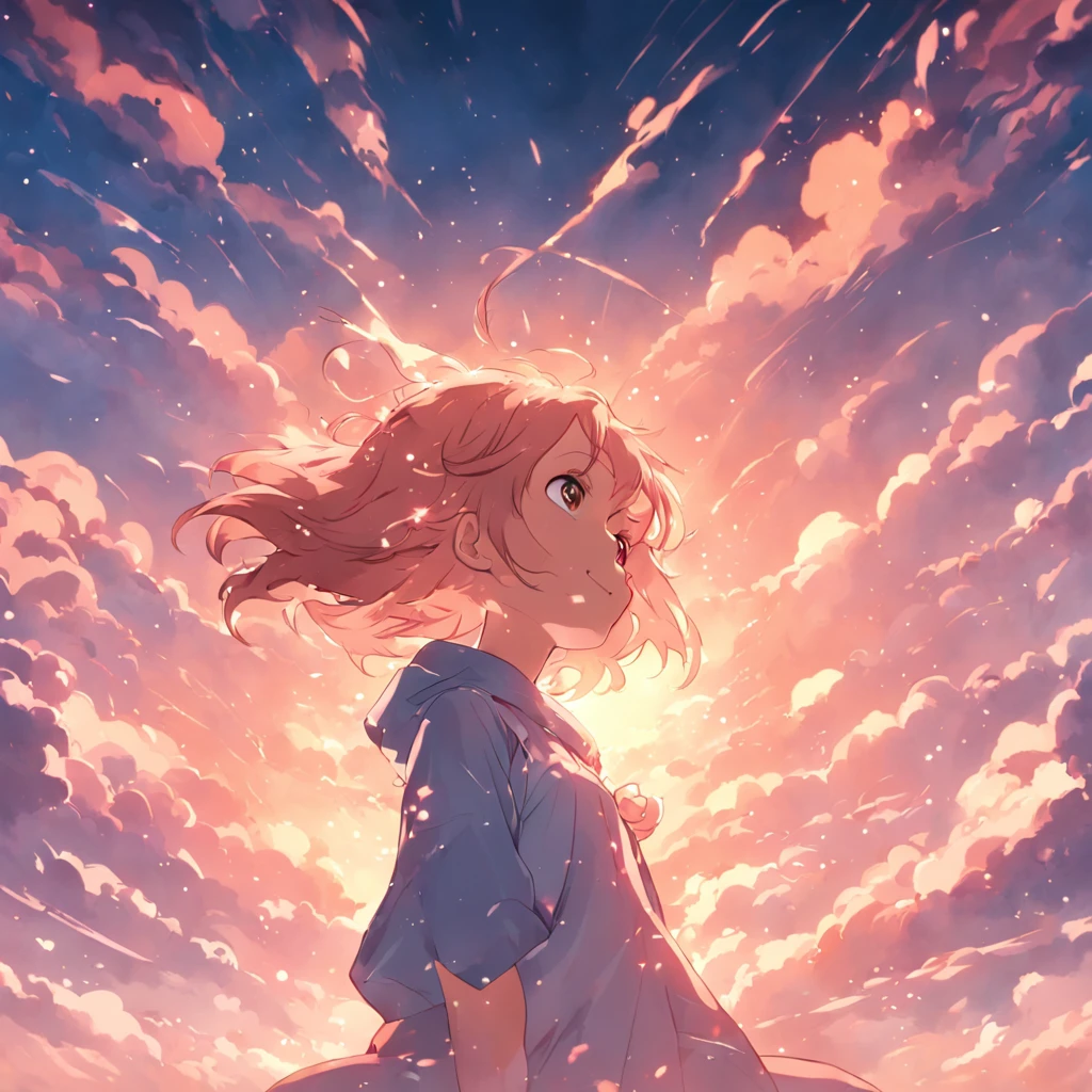 masterpiece, best quality, movie still, 1girl, cloud girl, floating in the sky, close-up, bright, happy, warm soft lighting, sunset, (sparks:0.7)