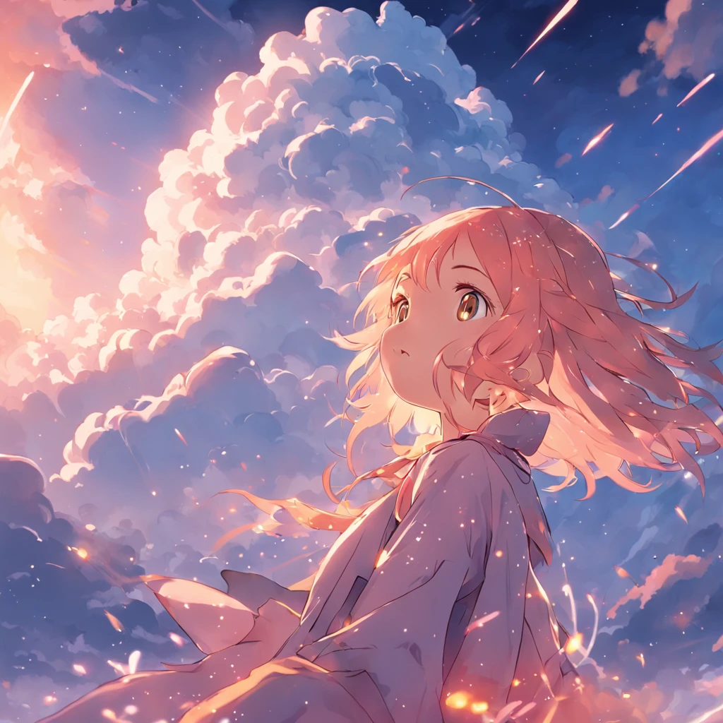 masterpiece, best quality, movie still, 1girl, cloud girl, floating in the sky, close-up, bright, happy, warm soft lighting, sunset, (sparks:0.7)