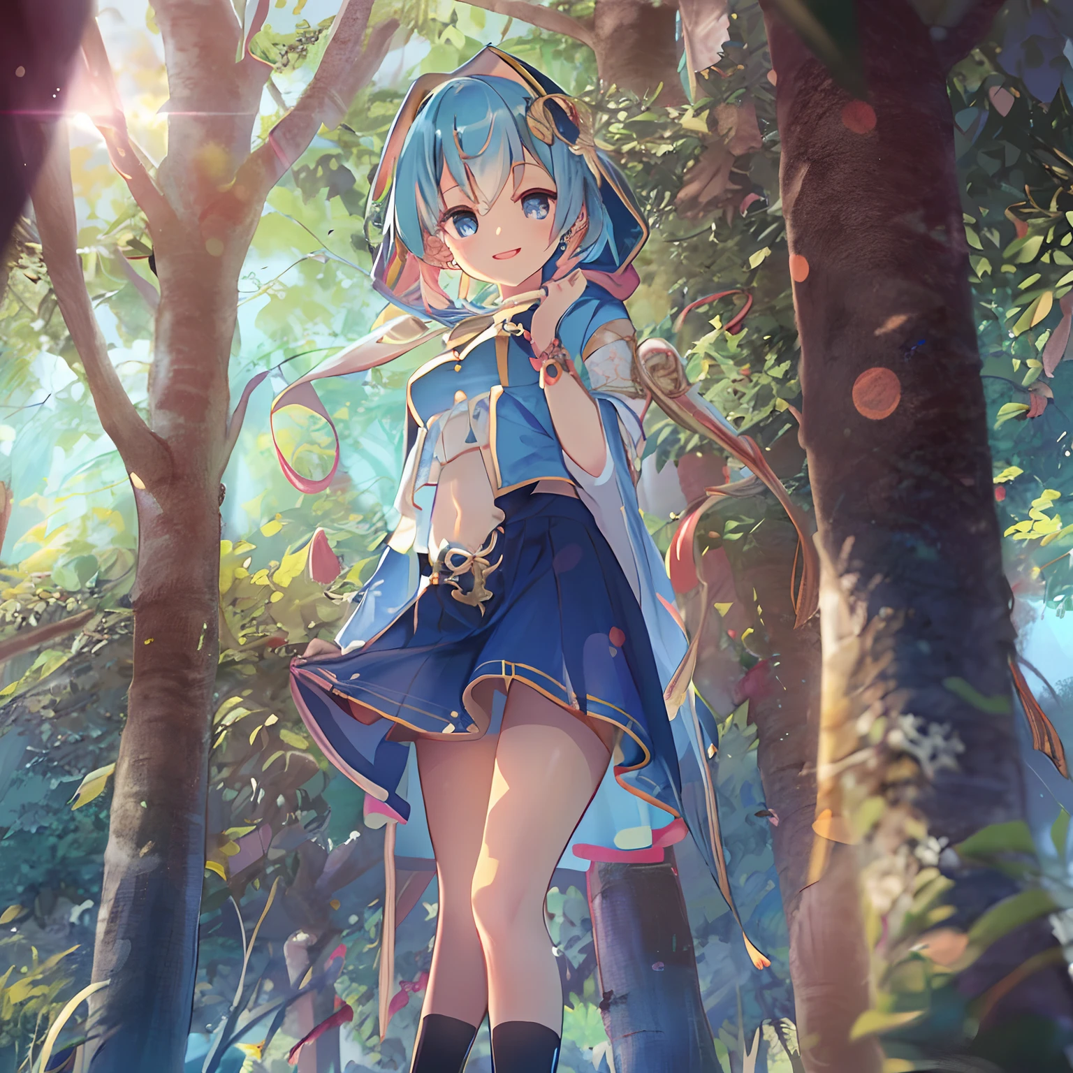 absurderes, A high resolution, (Anime style:1.1), ((masutepiece)), ((Best quality)), (Ultra-detailed), (Beautiful), 独奏, Beautiful face、(hoist),12year old、In front of oversized and delicate trees、Cute princess dress、Girl vs、Blue-red colorful hair, Colorful eyes,view the viewer,Lens flare,Dramatic, Coastal、(lifted skirt:1.3)、Turn around from behind、full body Esbian、Giggle smile、(Low positions,From below:1.5)(Surreal), (illustrated), (high resolution), (8K), (Extremely detailed), (best illustration), (Beautifully detailed eyes), (Best quality), (Super detailed), (Masterpiece), (Background), (Detailed face), Solitude, (Dynamic posture), Shiny skin, beautiful delicate face, Delicate beautiful eyes, bronze hair, Long hair, navel, nase, fake smile, Big breasts, pierced navel, vests, Buttonless hood, Long legs, High heels, Tall stature, small mole under eyes, Panties, Blue jeans, (camel-toe),(Big tits), (Black socks), (No panties), (No bra)Surreal,photorealistic image:1, Make eye contact with the camera.