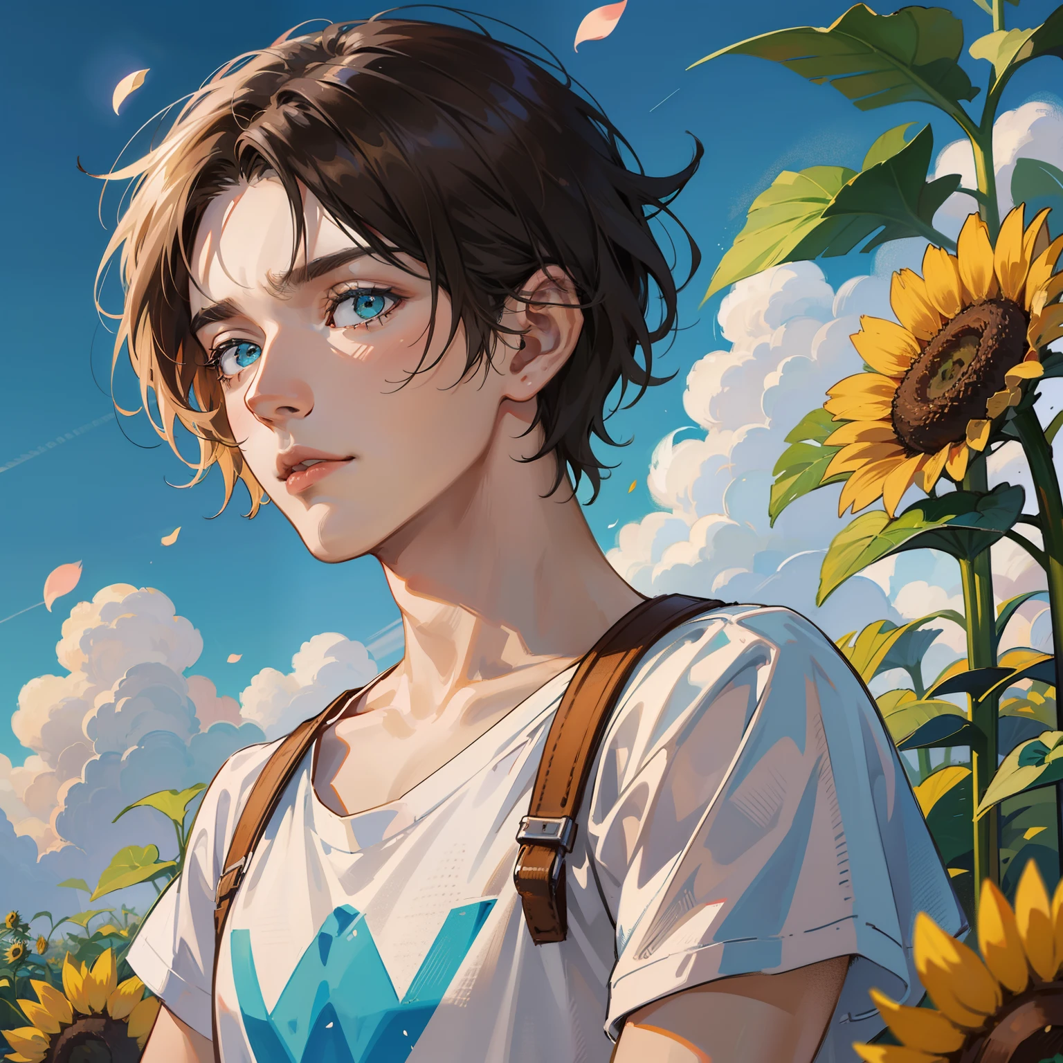 Best quality, masterpiece, potrait, avatar, half-body, 1 man, male, man focus, man only, short brown hair, turquoise eyes, simple T-shirt, 3/4 side, bright eyes, brilliant scene, sky, looking down, looking at the viewers, sunflower field background, flying petals