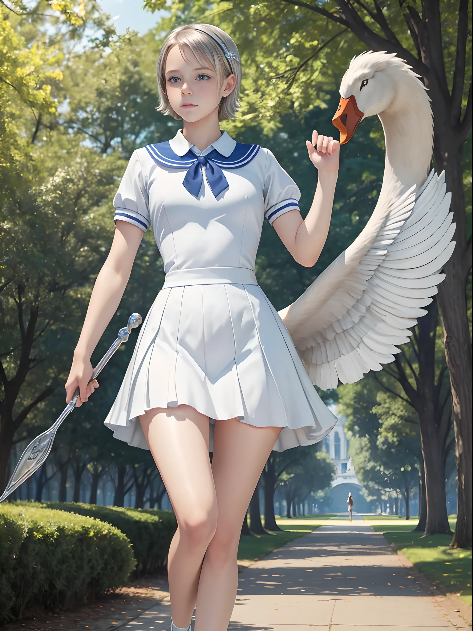 (Best Quality, Masterpiece: 1.1), (Realistic: 1.4), Beautiful school girl is riding on the swan, god ray,teen,silver short hair,blue eyes,teenage,full body,flom below,hourglass body shape,unwearing,running on the park
