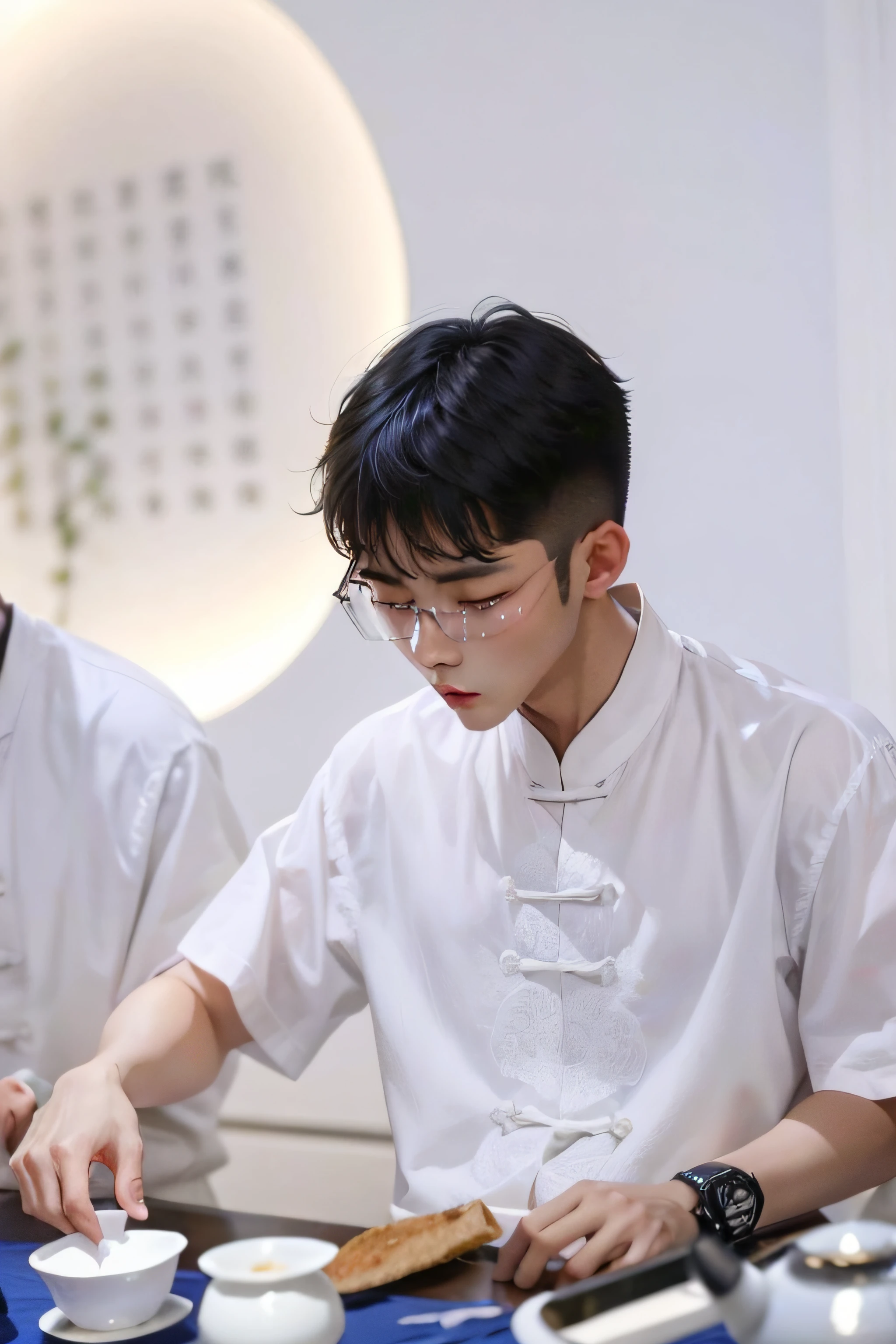 there are A YOUNG men in white shirts are preparing TEA on a table, yanjun chengt, wenjun lin, yin zhen chu, inspired by Li Shixing, mingchen shen, li zixin, xintong chen, heise jinyao, yangjun chen, jinyiwei, yihao ren, inspired by Ding Yunpeng, inspired by Ma Lin