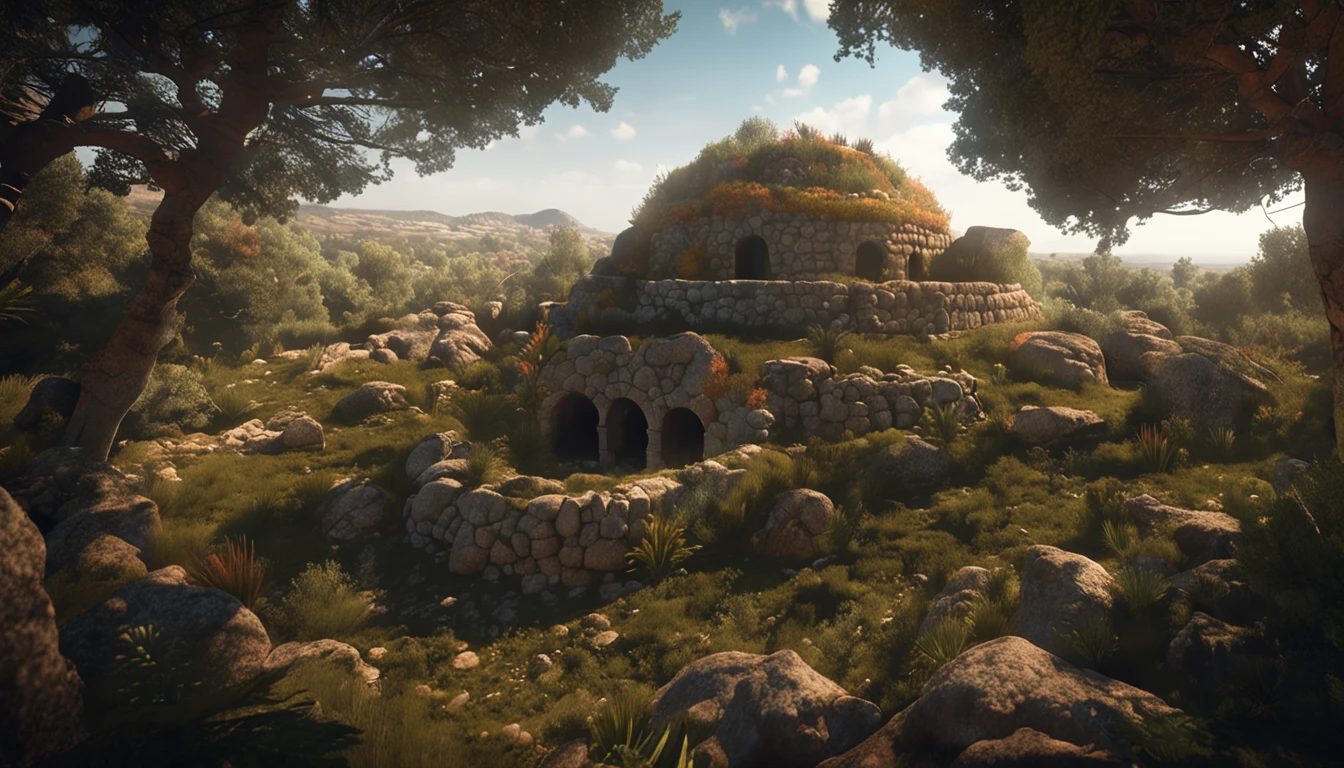 "(An enchanting Nuraghe amidst a vibrant forest, illuminated by lateral lighting, captured from a dynamic high-angle perspective, showcasing an exceptional level of detail)"