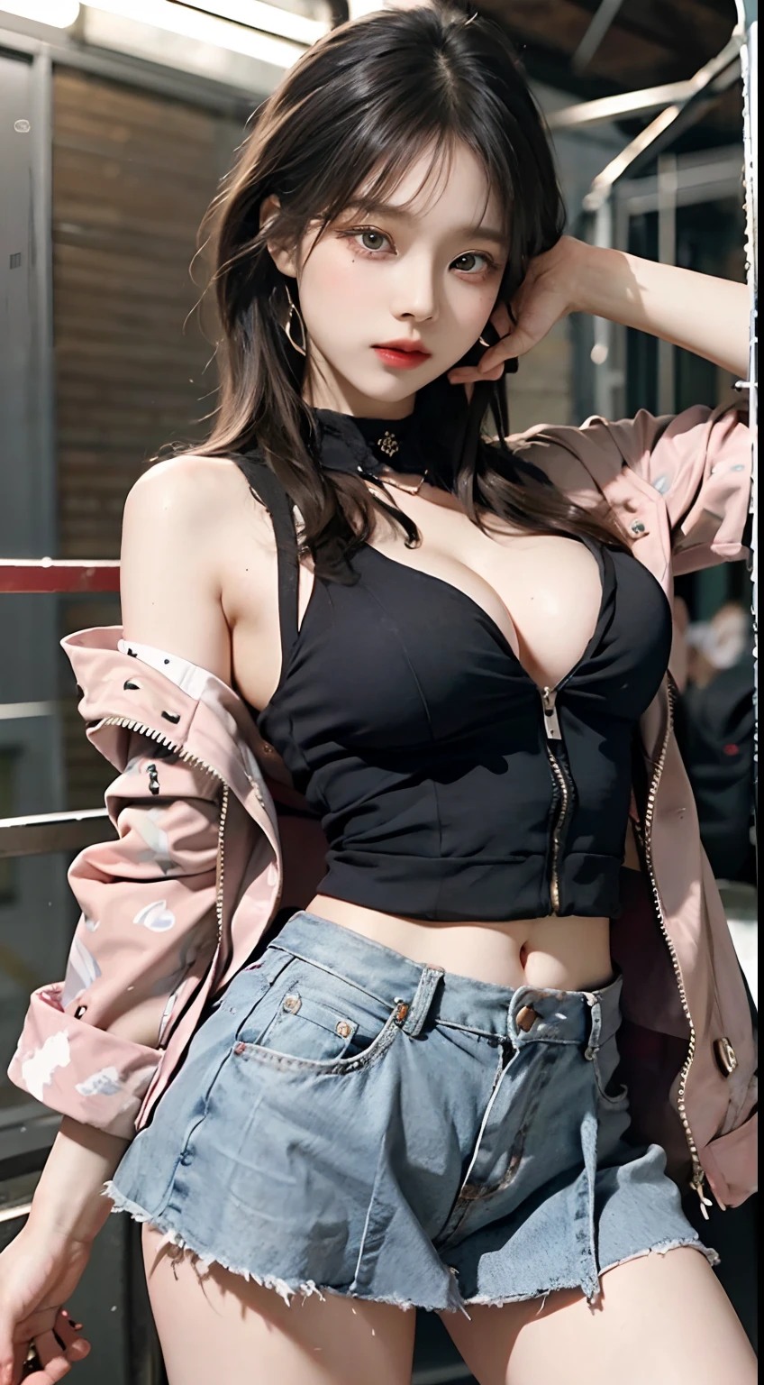 Top image quality、RAW photography、超A high resolution、Cute girl at 18 years old、Shot for one person only、Large round chest、nedium breasts、Patterned vest、Skirt、Shiny hair、Beautiful Eyes of Details、Very slender eyes、Beautiful eyelashes、beautiful double eyelid、Beautiful legs、eye shadows、耳Nipple Ring、Pose as a fashion model、Wear clothes from famous designers