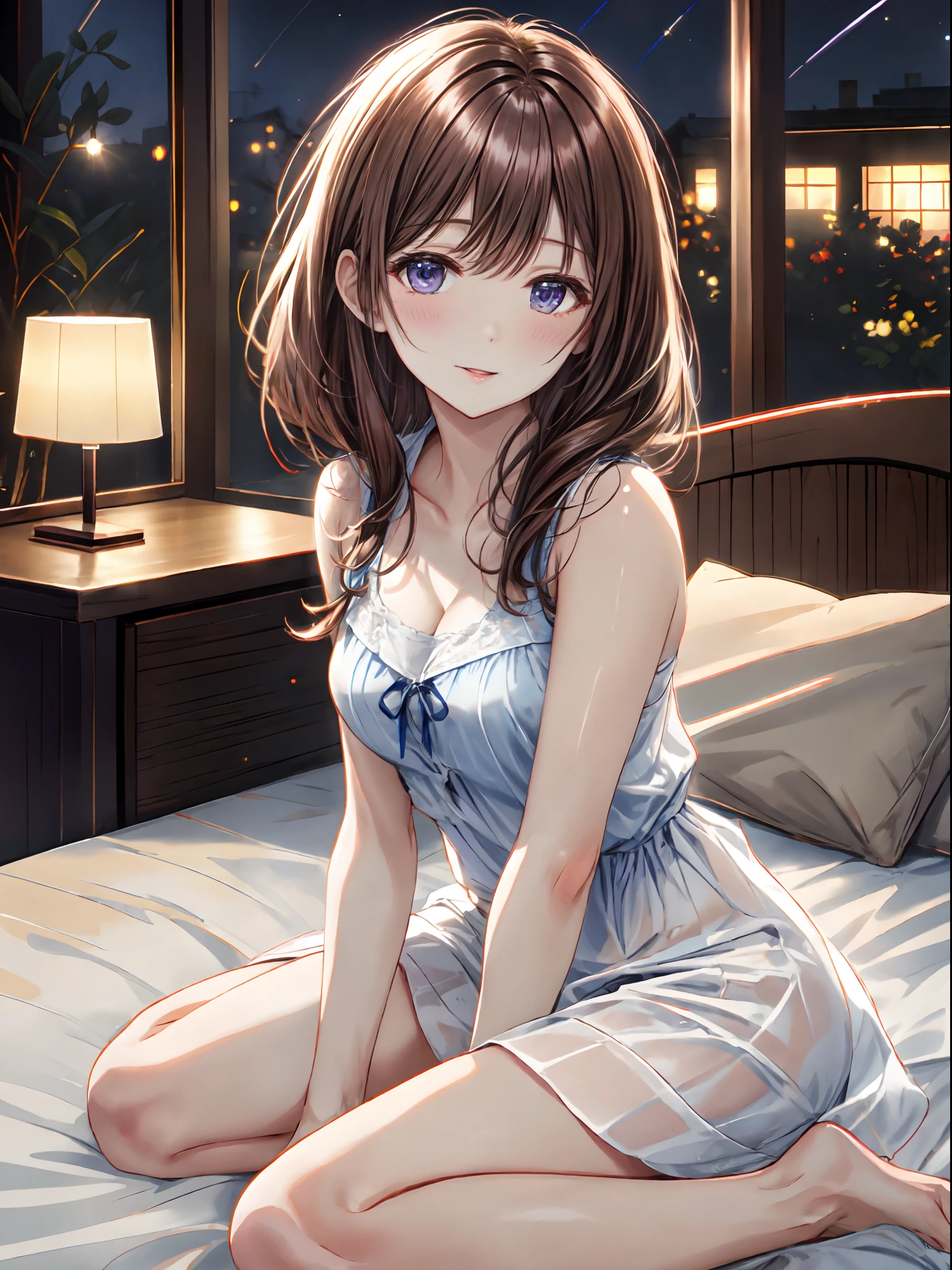 masterpiece, best quality,  hyper-detailed, 8k resolution, RAW photo, (1girl),small, gorgeous face, Japanese and Russian mix, perfect body, 18yo, sexy aqua nightgown, happy, posing for photo, long curly hair, messy hair, smile, night, kissing face, on bed