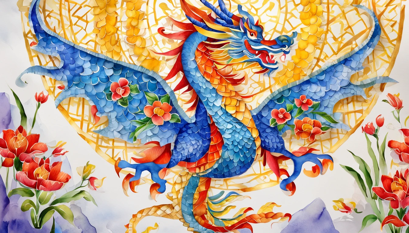 gold china dragon, lunar new year, spring flower, red lantern, colorfull background, highest quality, Full HD, happy dragon, 2023, 3d, (paper art, Quilted Paper Art, Geometry), highly colorful,  Anime beauty, Extremely colorful, Colorful illustrations, aquarelle((masterpiece))), illustration