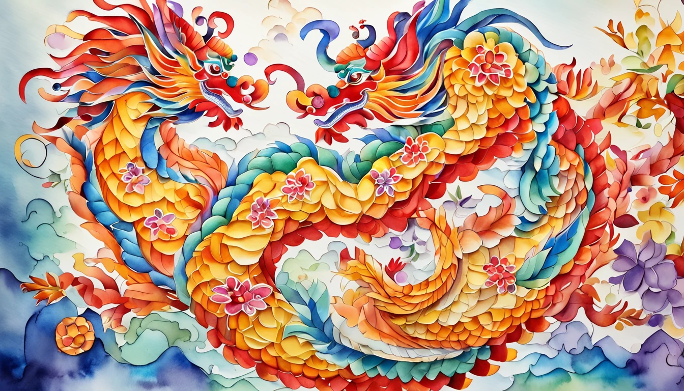 gold china dragon, lunar new year, spring flower, red lantern, colorfull background, highest quality, Full HD, happy dragon, 2023, 3d, (paper art, Quilted Paper Art, Geometry), highly colorful, Anime beauty, Extremely colorful, Colorful illustrations, aquarelle((masterpiece))), illustration
