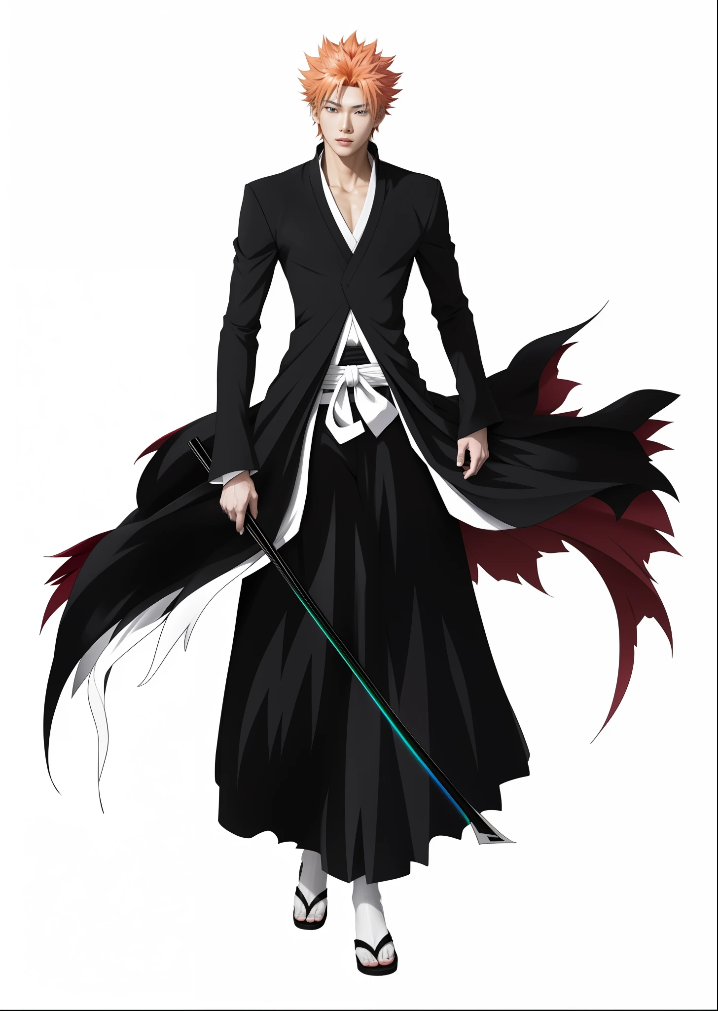 anime character dressed in black and white with a sword, Ichigo Kurosaki, shinigami, bleach manga style, inspired by Sugimura Jihei, beautiful male god of death, best anime character design, ichigo, male anime character, anime full body illustration, Tall anime guy with blue eyes, Kazuto Okada，HD high resolution，style of surrealism，Best texture，（Skin texture portrayal：1.2），Fair and translucent skin，（Extremely detailed depiction of facial features：1.4），Refined makeup，Eye detail portrayal，The pupils are bright，（Hair details depicted:1.4），Lips are shiny and delicate，（The ultimate in face portrayal:1.4），电影光感，Chasing the light，Hyper Real，Nikon D850，SLR shooting texture，HDR，（Colorful and colorful：1.4）