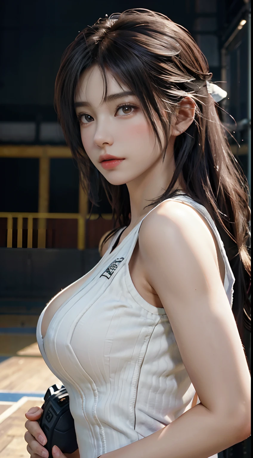 (RAW photo, 4k, masterpiece, high resolution, extremely complex) (realistic: 1.4), cinematic lighting
1 pretty girl, white skin, big breasts, single focus, summer noon, hot, 1990s \(style\), (best quality), (highres), (an extremely delicate and beautiful),,(Beautiful 8k face), (brown eyes), (ulzzang-6500:1.0), (solo), (looking side) ,(bend)(spectators),(large breasts),(NBA),
lookside,(side), ,(Basketball sportswear),((Play basketball)),((gymnasium)),((speed)),(reality),